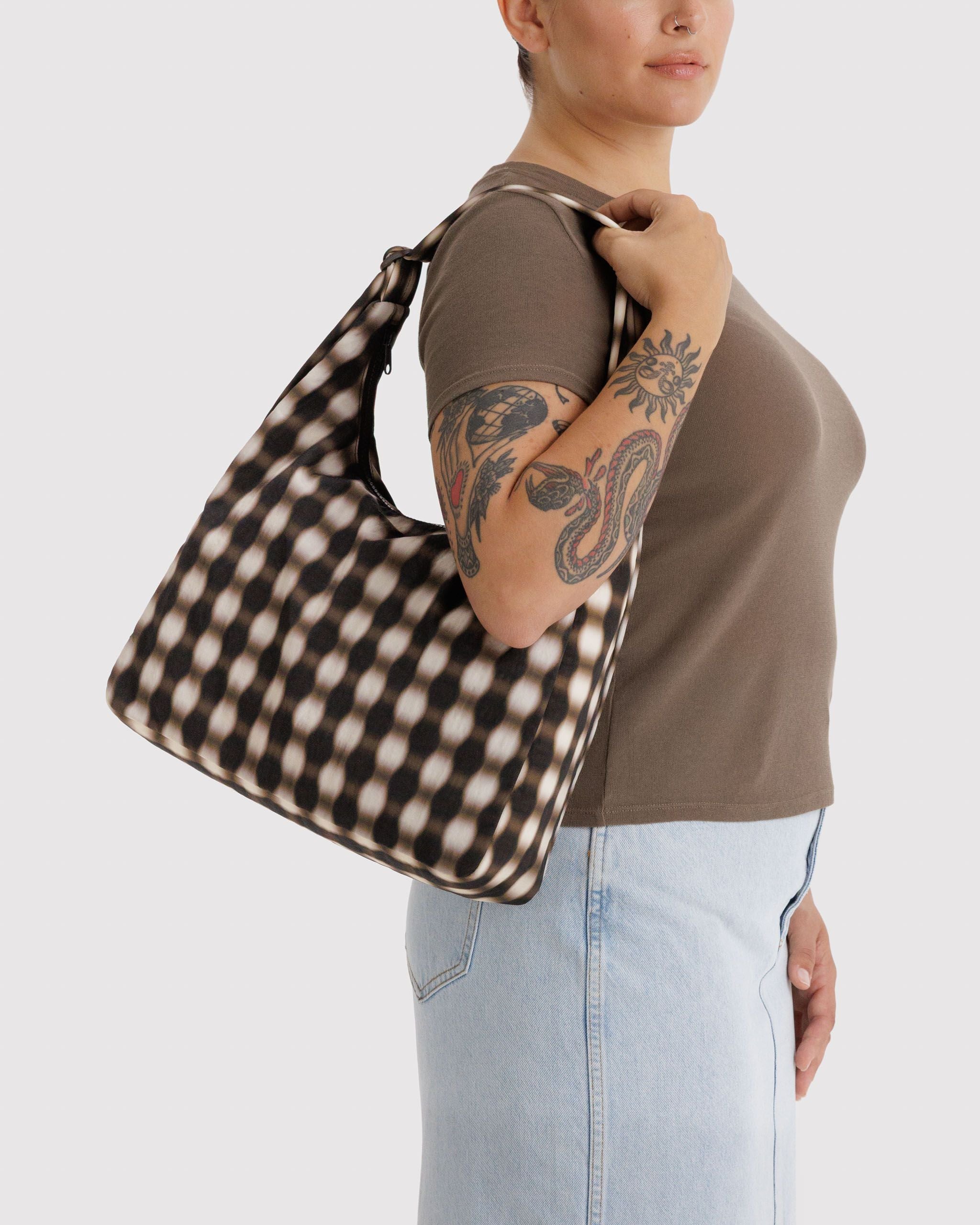 Nylon Shoulder Bag - Blurred Gingham Brown - Quick Setup