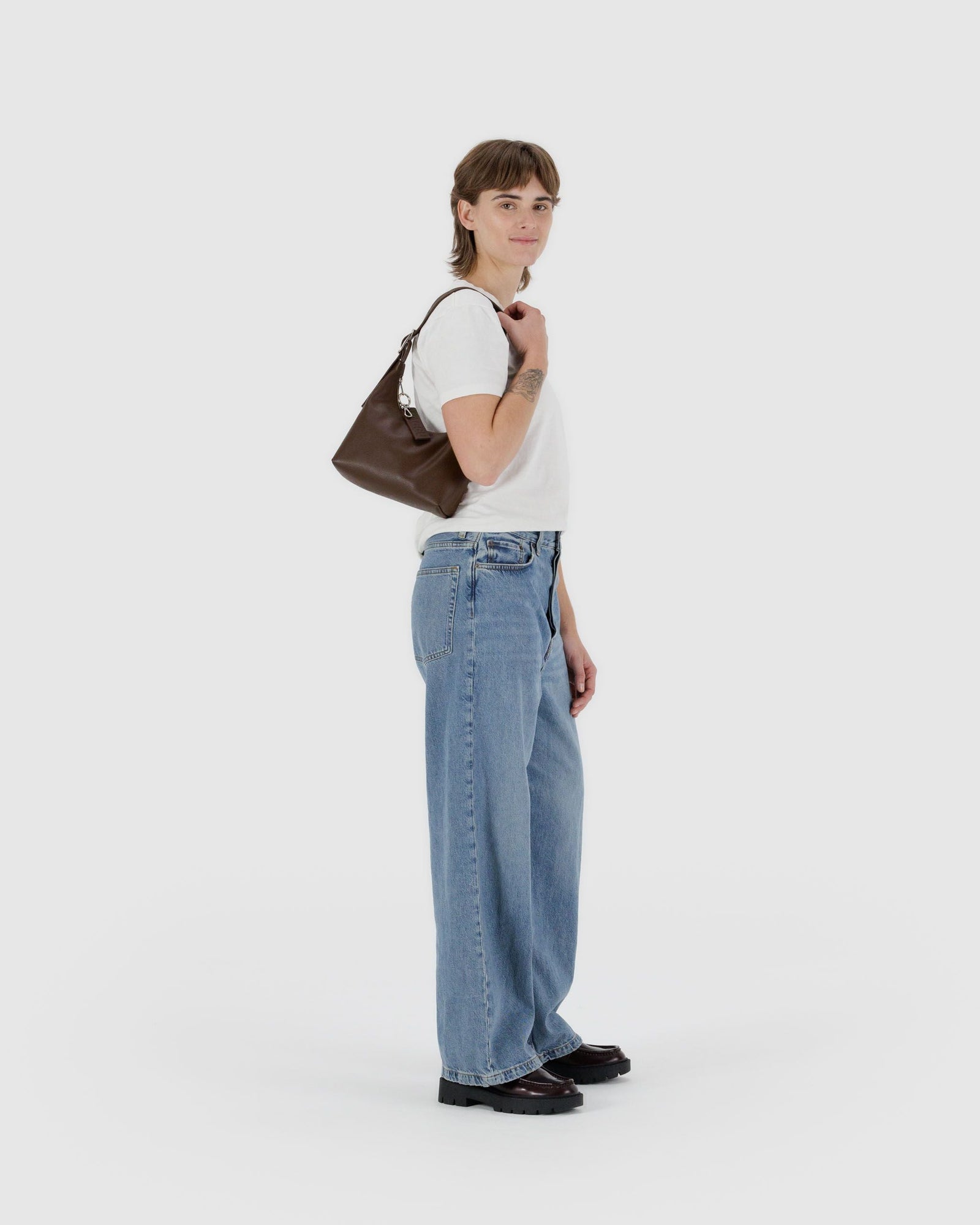 Mini Recycled Leather Shoulder Bag - Brown - Simple Hold