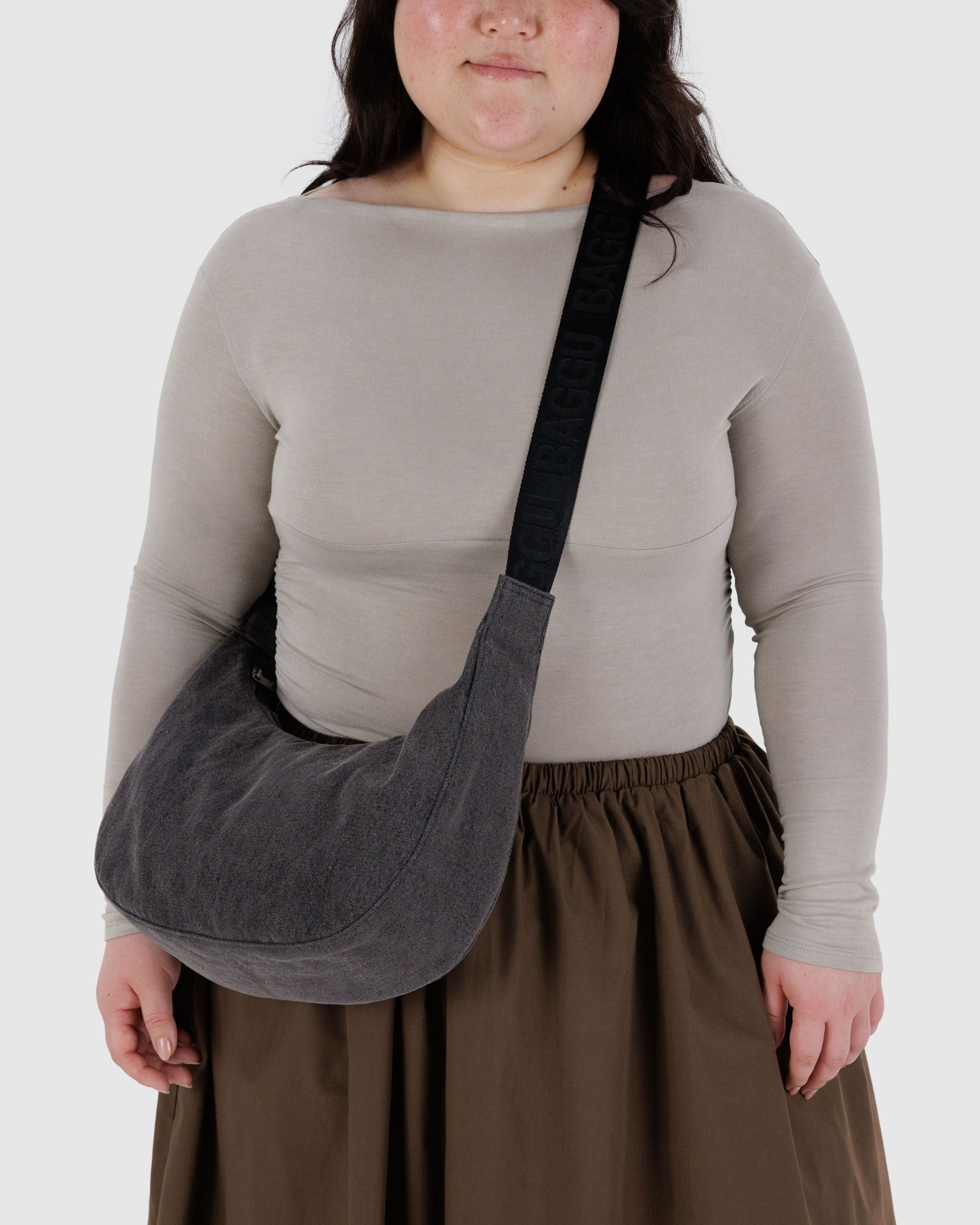 Medium Denim Crescent Bag - Washed Black Denim - Soft Glow