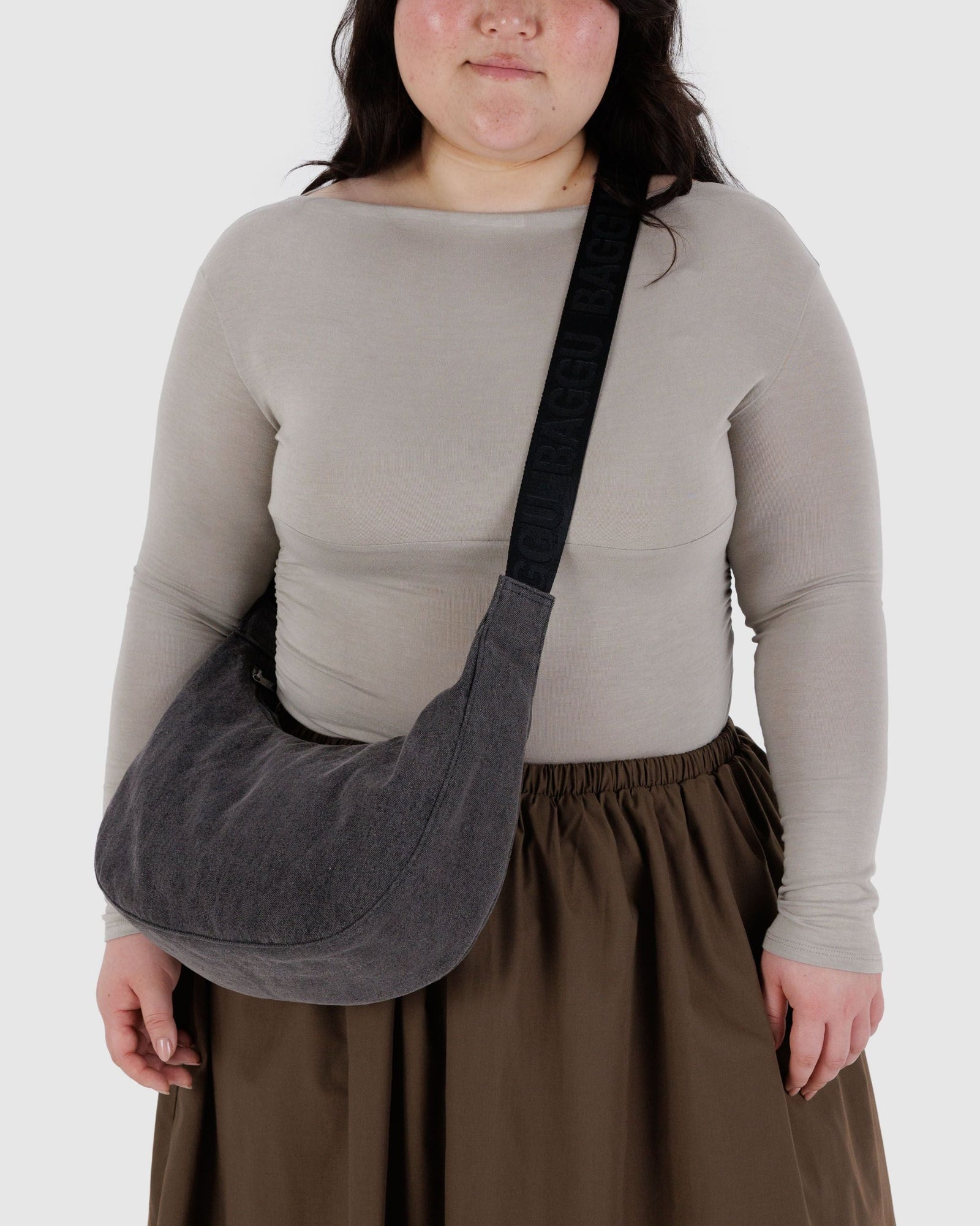 Medium Denim Crescent Bag - Washed Black Denim - Easy Spritz