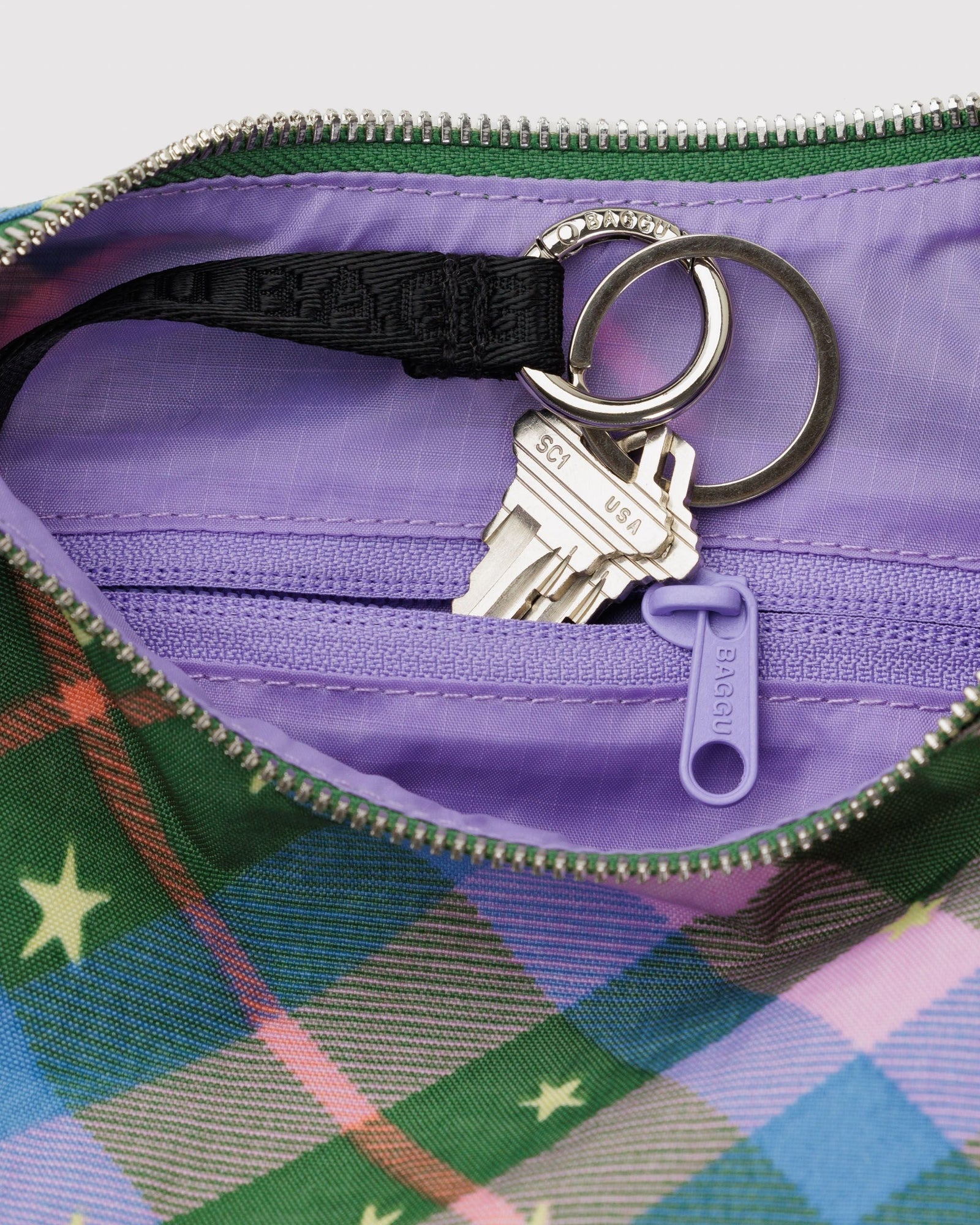 Small Nylon Crescent Bag - Green Star Plaid - Daily Scent