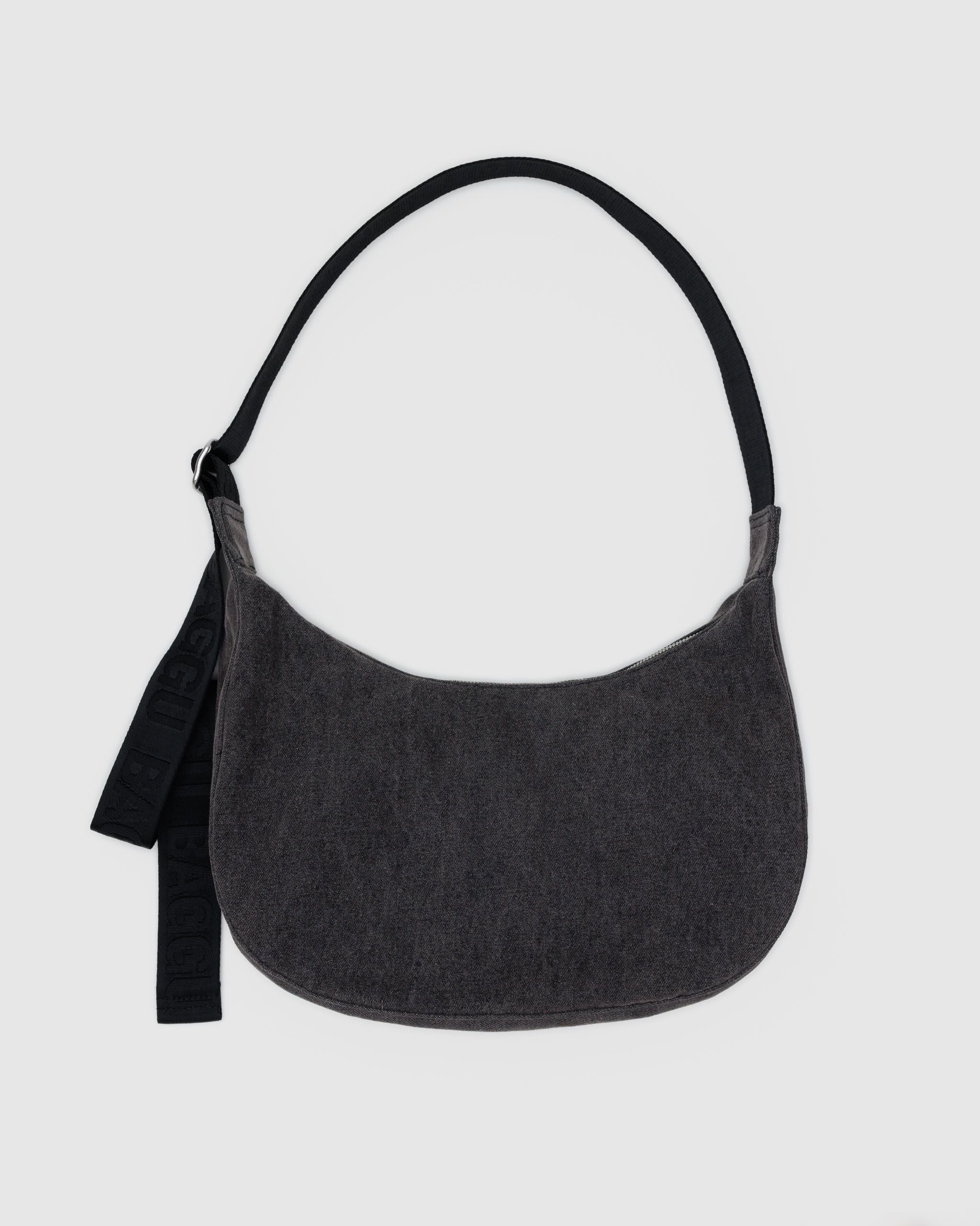 Medium Denim Crescent Bag - Washed Black Denim - Soft Glow