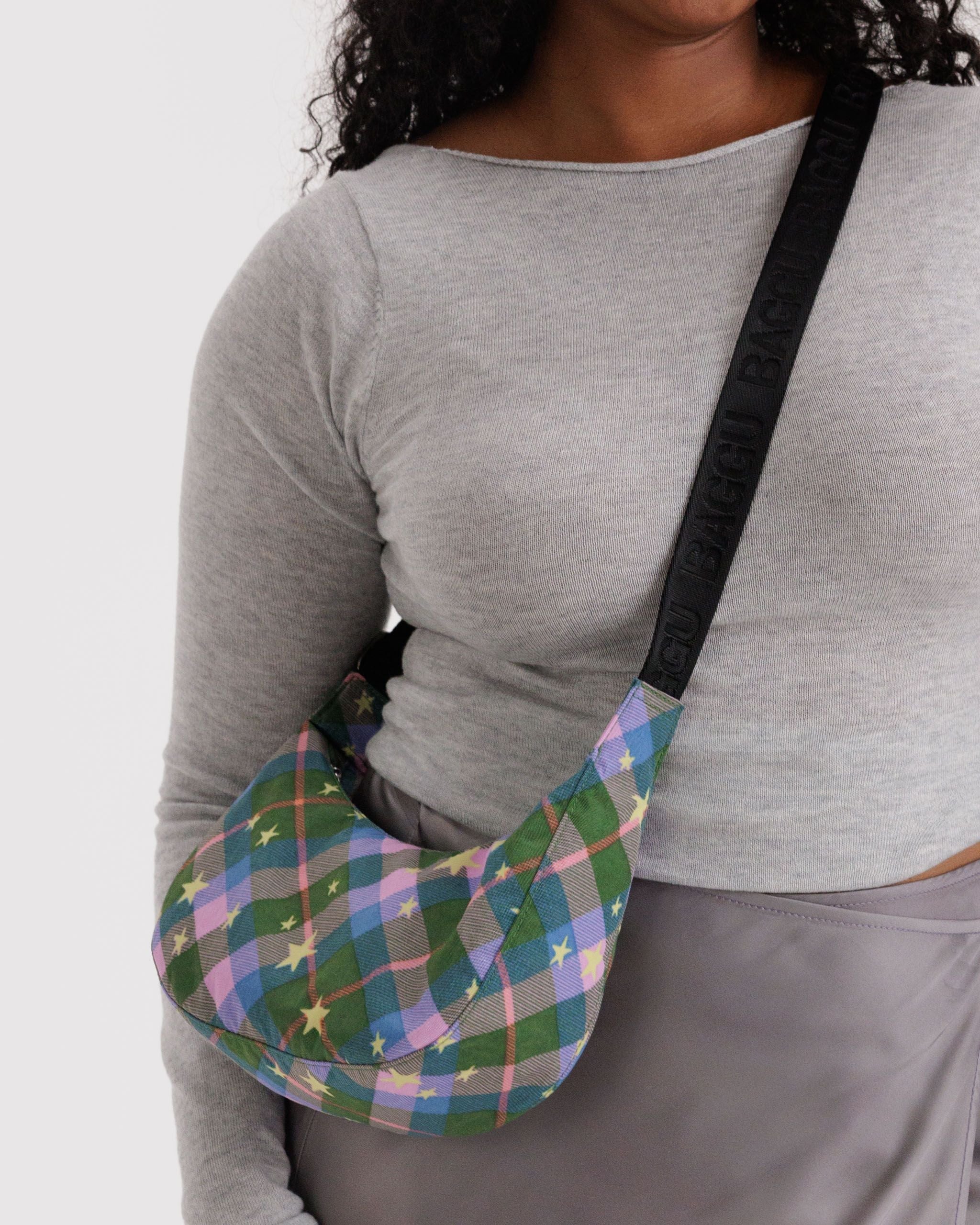 Small Nylon Crescent Bag - Green Star Plaid - Daily Scent