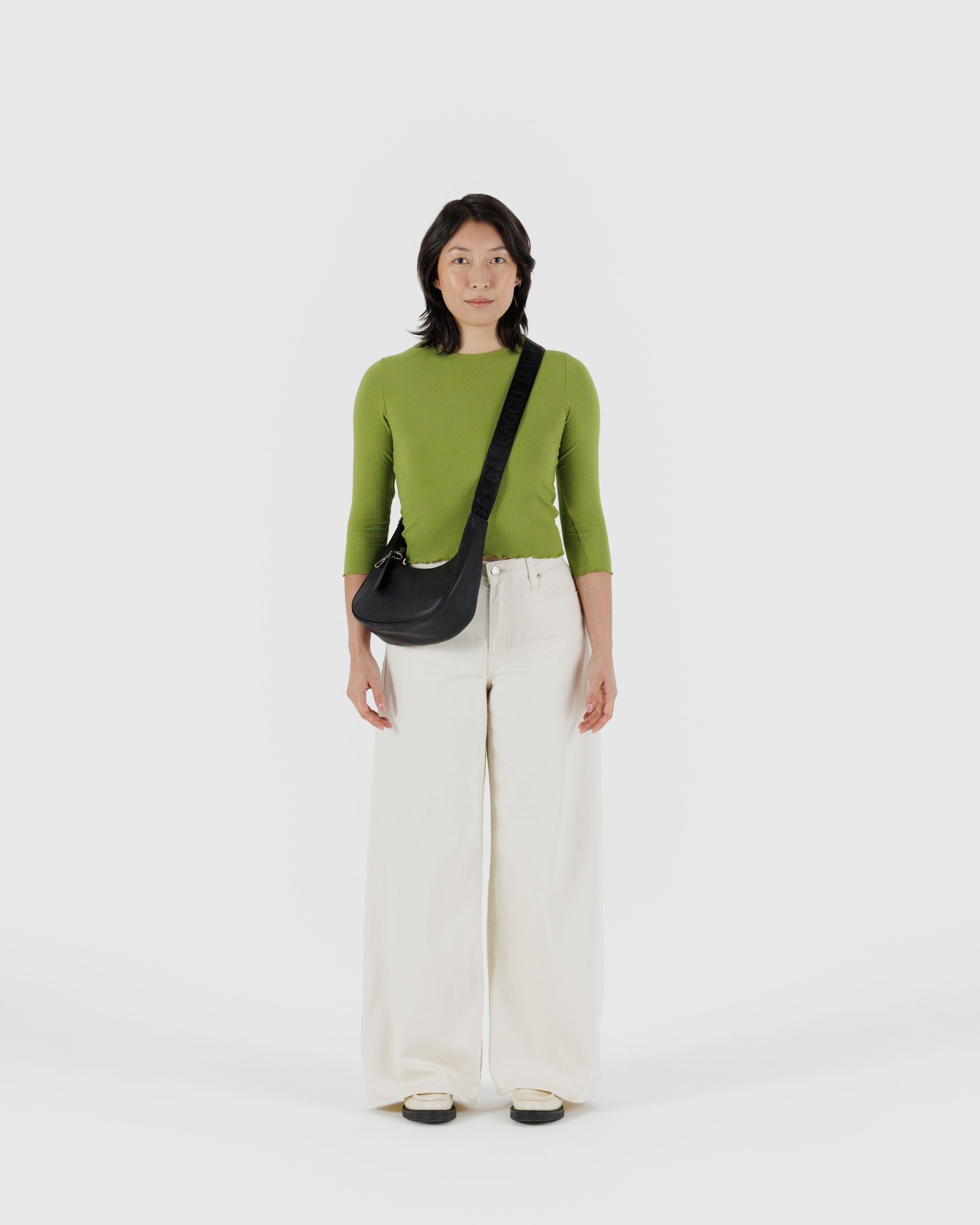Small Recycled Leather Crescent Bag - Black - Cozy Glow