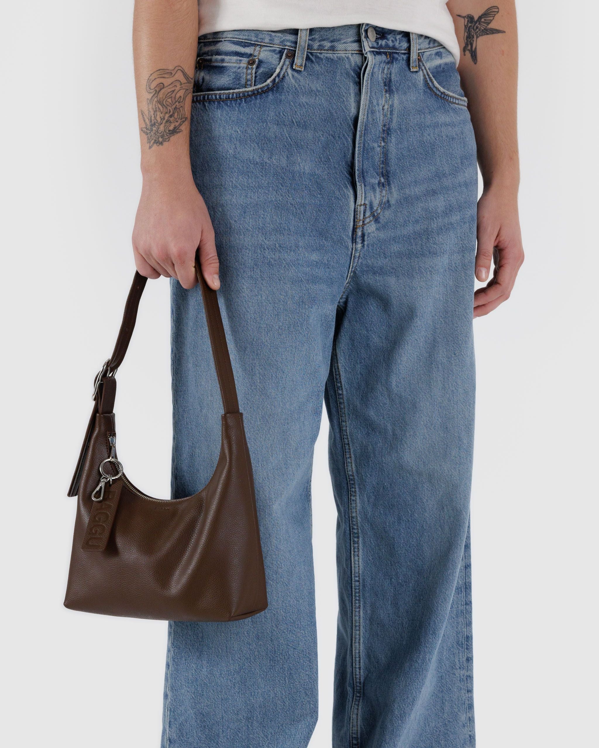 Mini Recycled Leather Shoulder Bag - Brown - Quick Grab