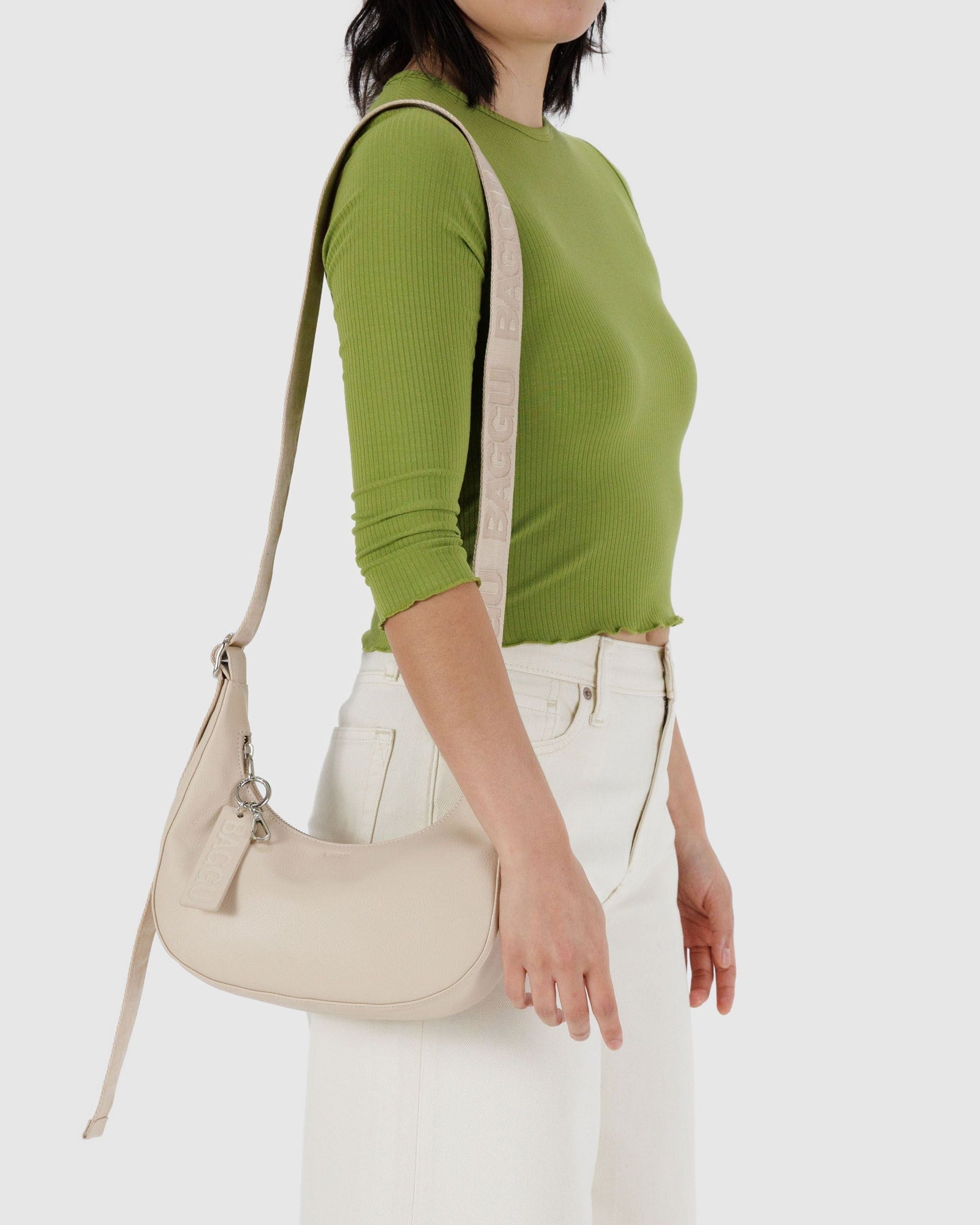 Small Recycled Leather Crescent Bag - Stone - Home Glow