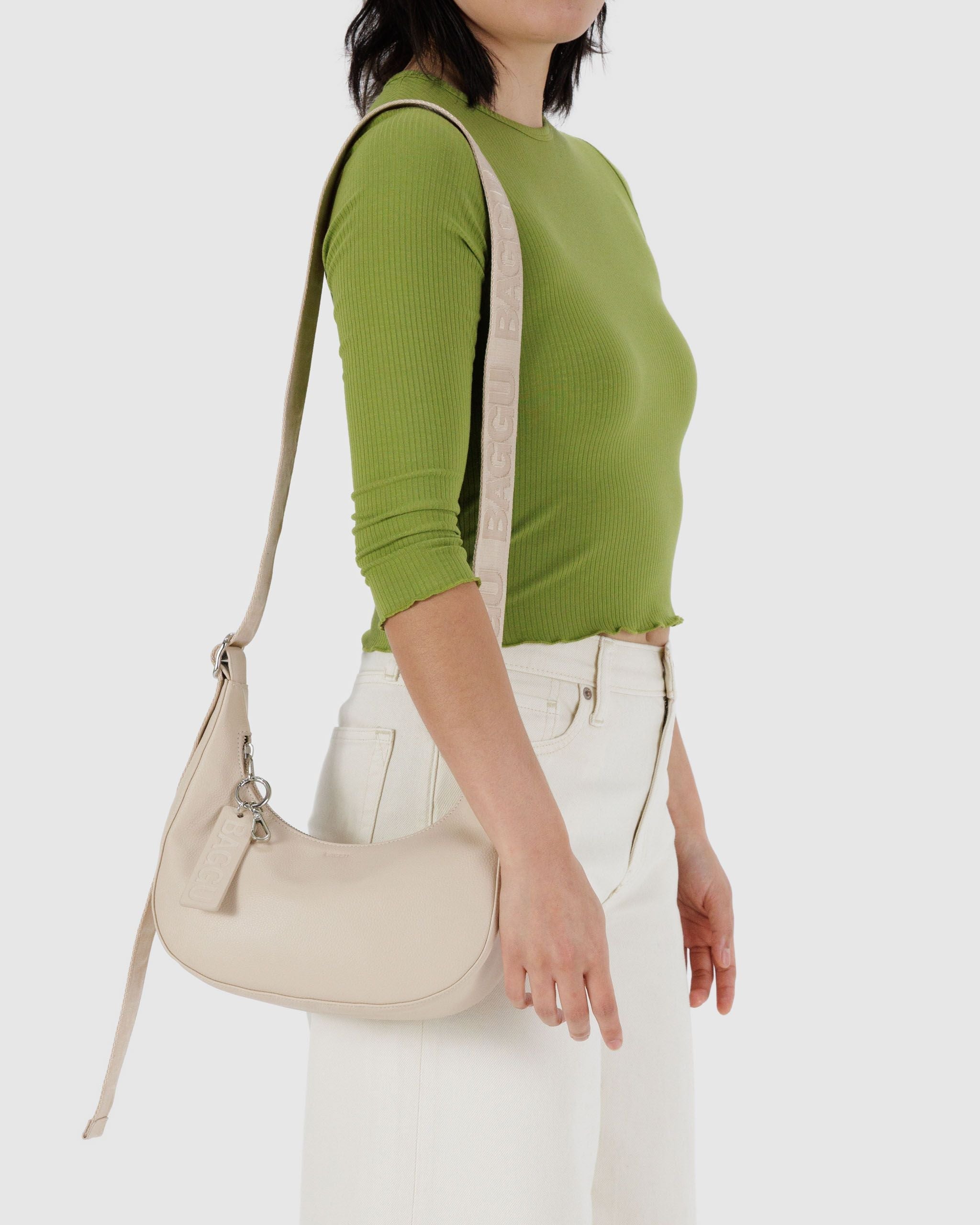 Small Recycled Leather Crescent Bag - Stone - Home Glow