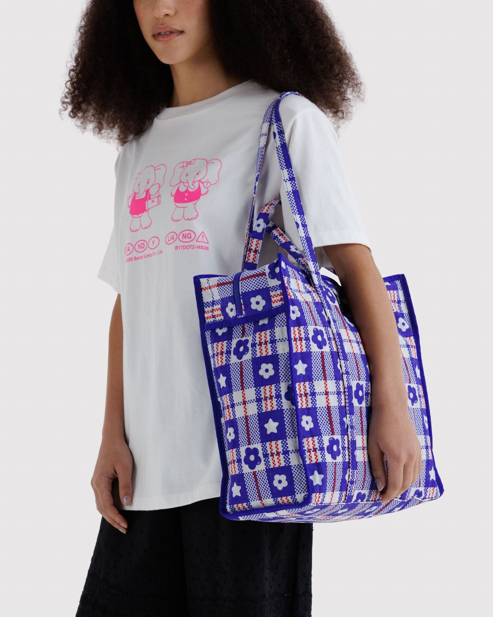 Large Nylon Market Bag - Market Plaid Blue - Quick Grab