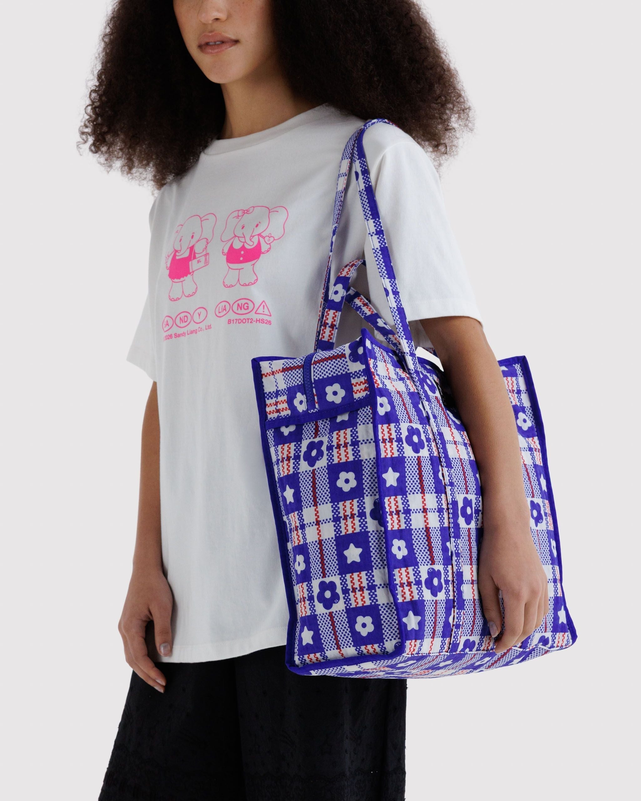 Large Nylon Market Bag - Market Plaid Blue - Quick Grab