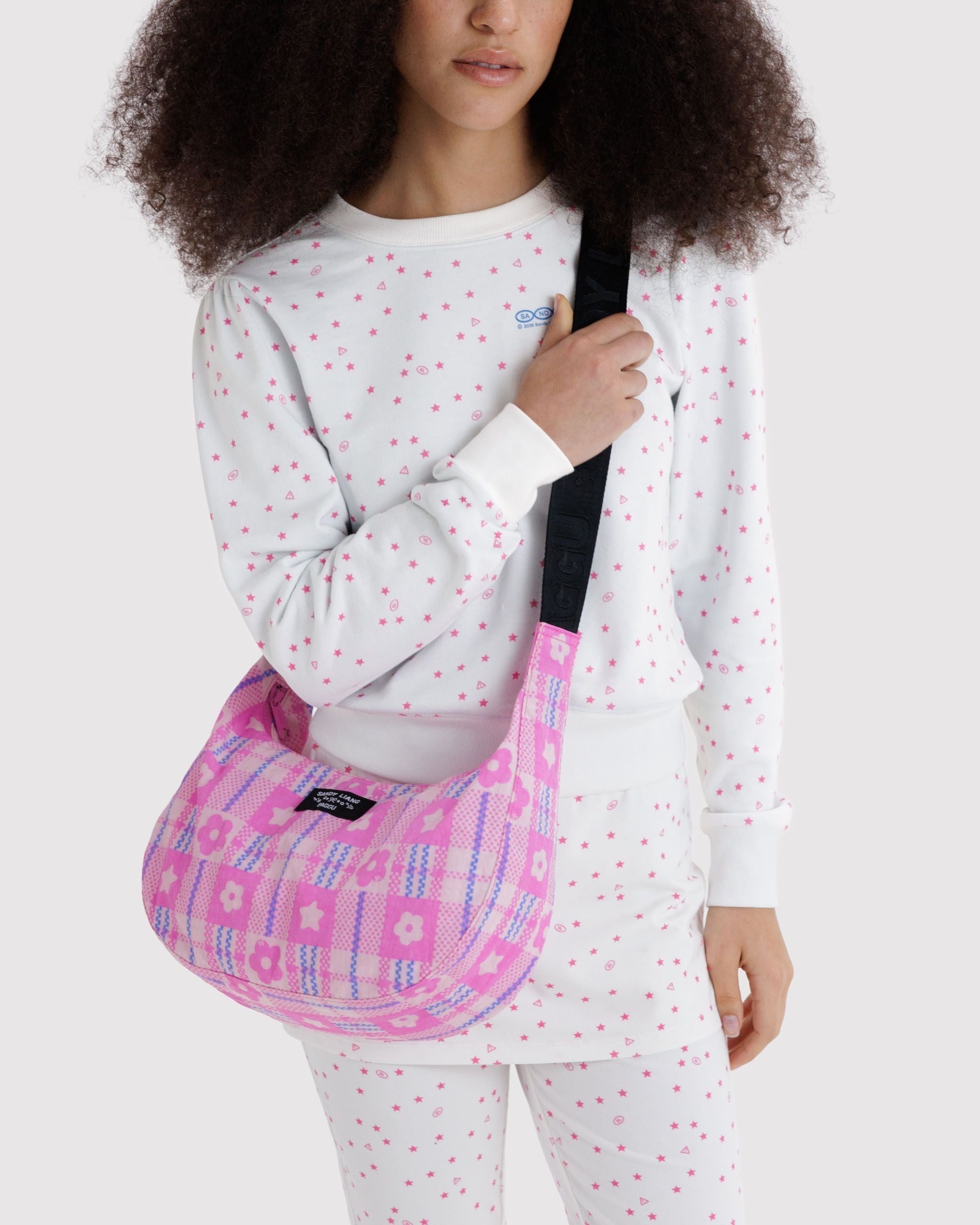 Medium Nylon Crescent Bag - Market Plaid Pink - Warm Blend