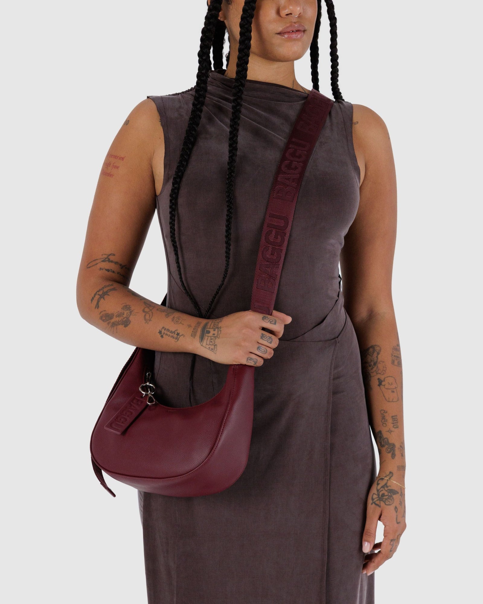 Small Recycled Leather Crescent Bag - Mahogany - Gentle Mist