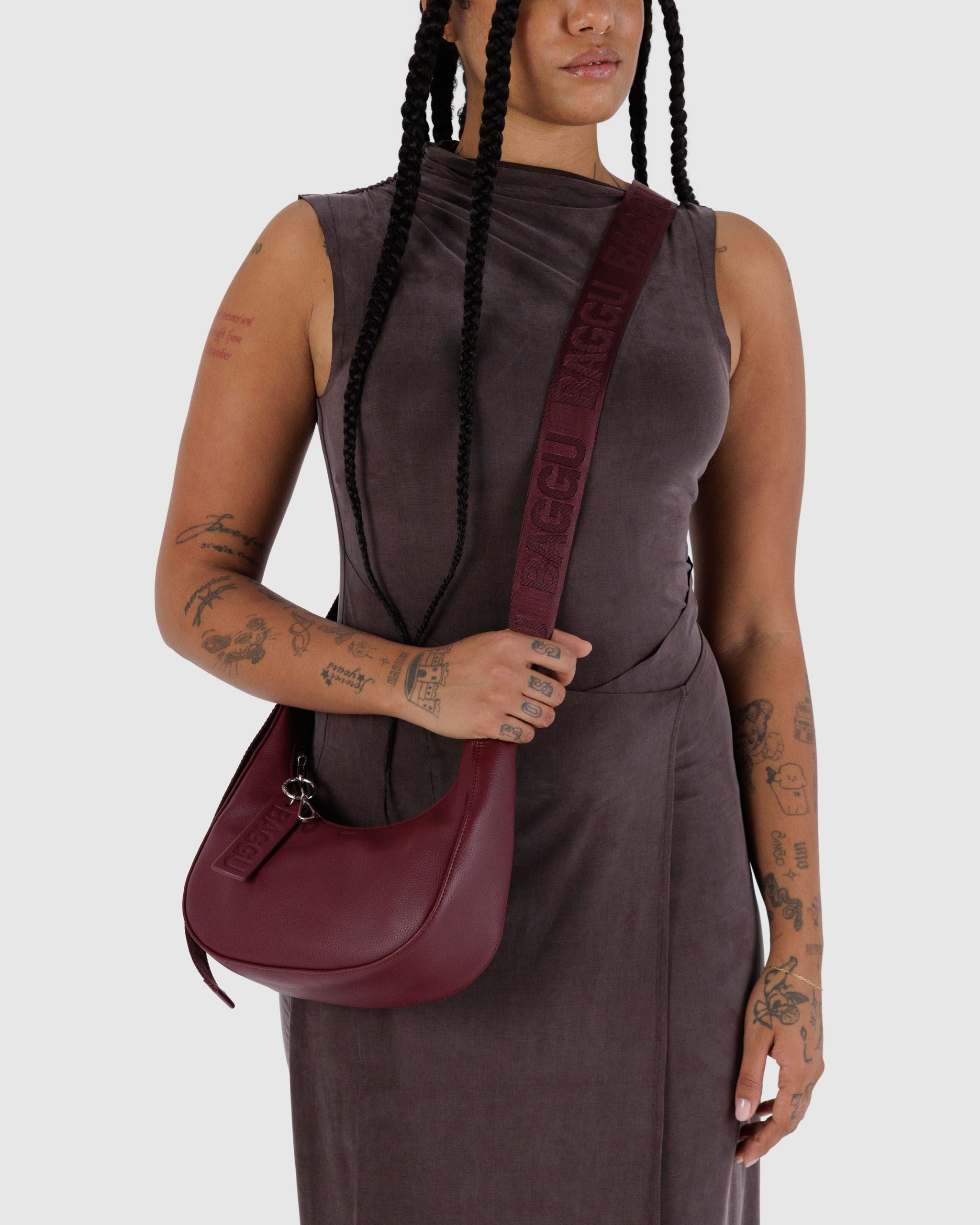 Small Recycled Leather Crescent Bag - Mahogany - Gentle Mist