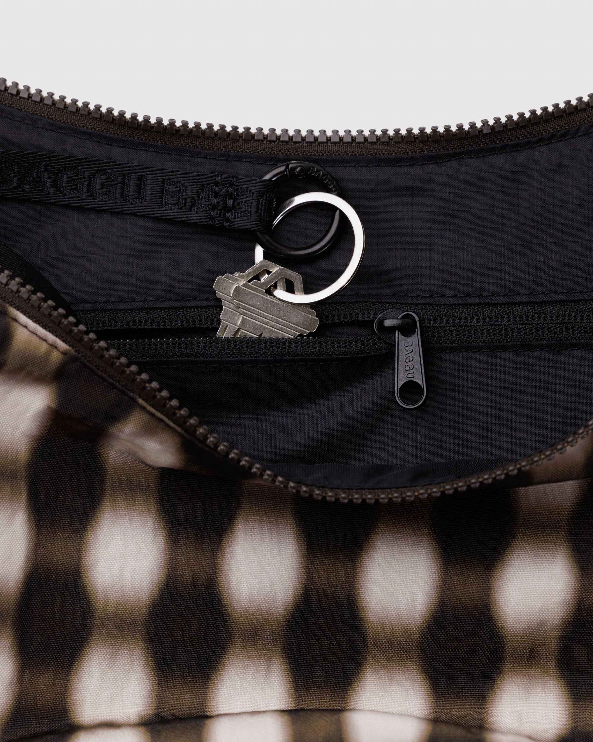 Medium Nylon Crescent Bag - Blurred Gingham Brown - Soft Glow