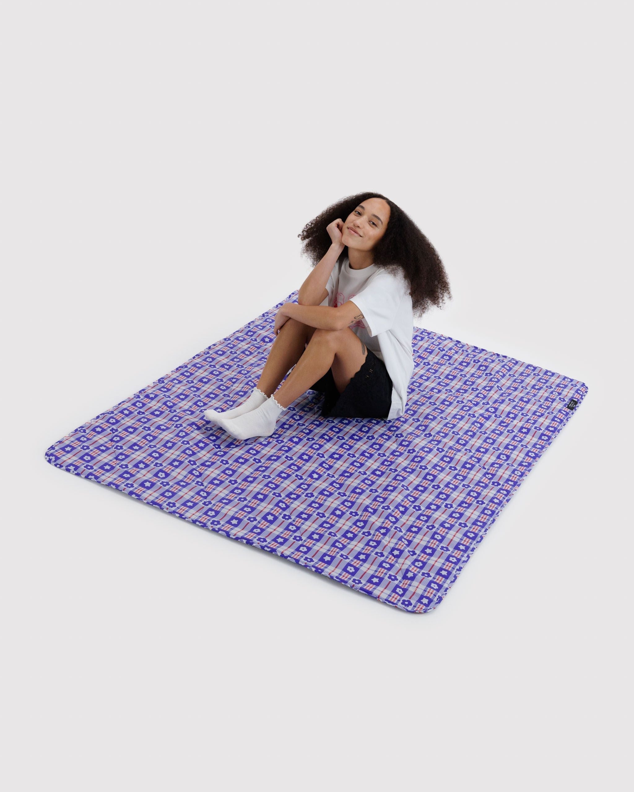 Puffy Picnic Blanket - Market Plaid Blue - Light Storage