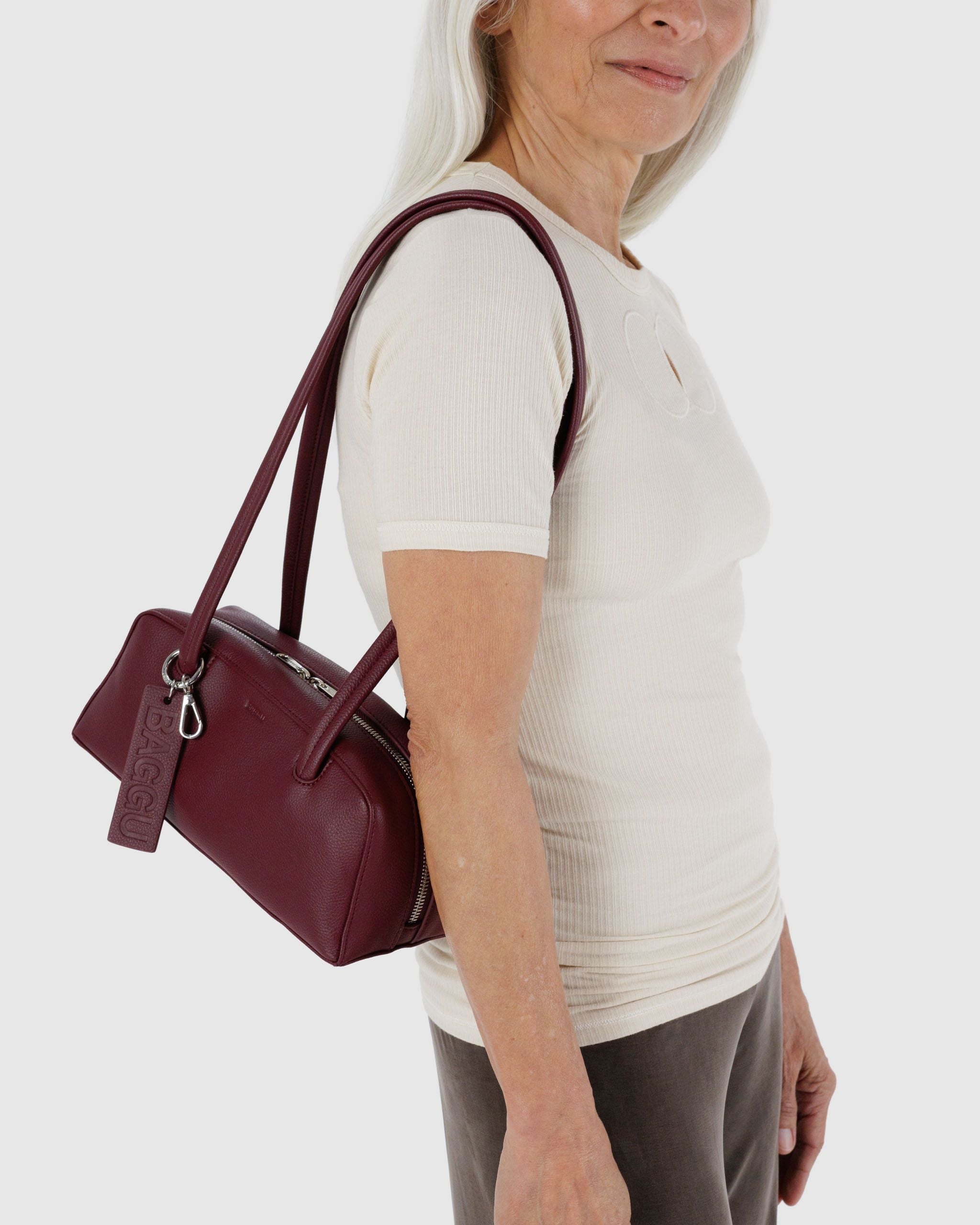 Small Recycled Leather Bowler Bag - Mahogany - Cozy Glow