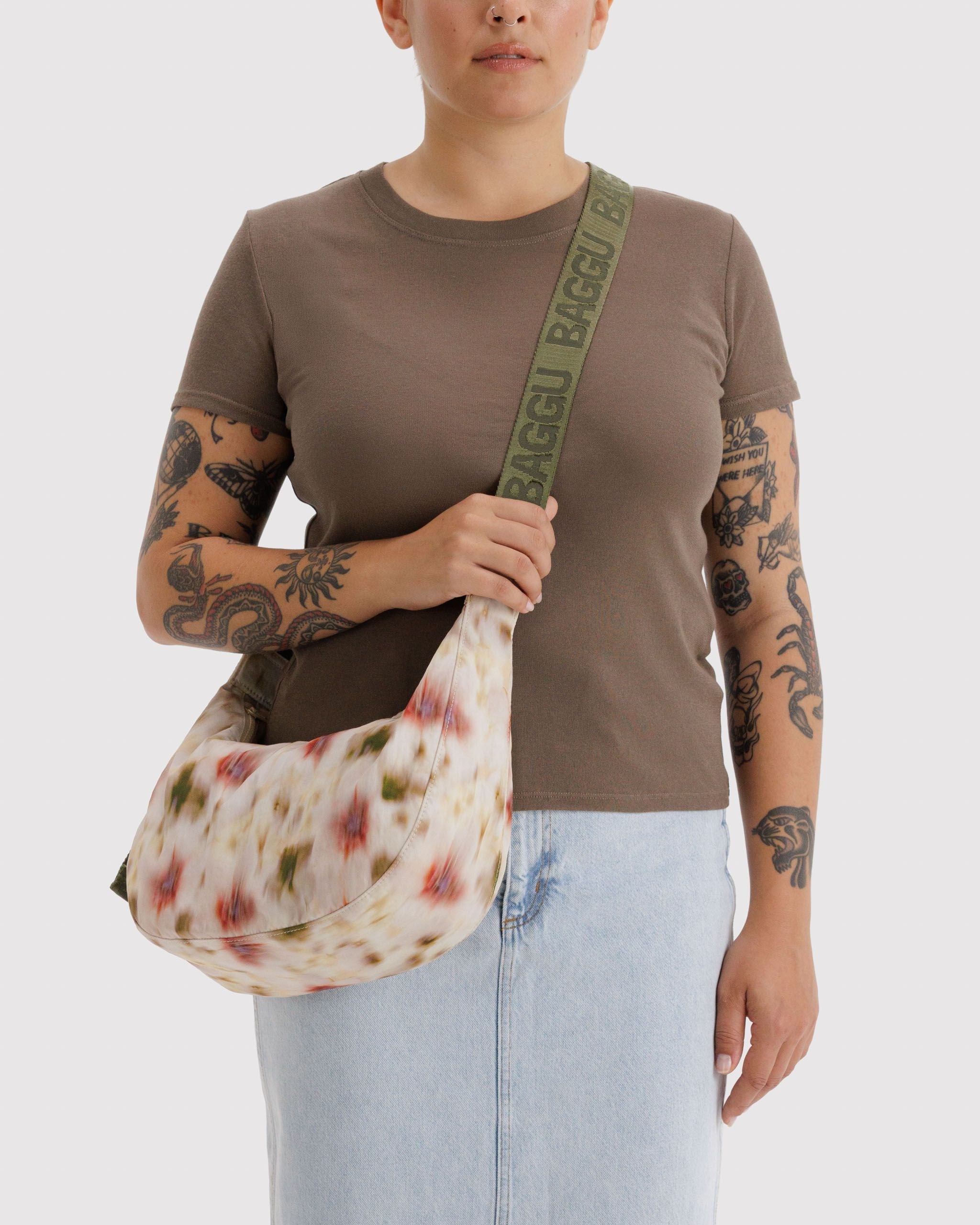 Medium Nylon Crescent Bag - Abstract Floral - Cozy Glow