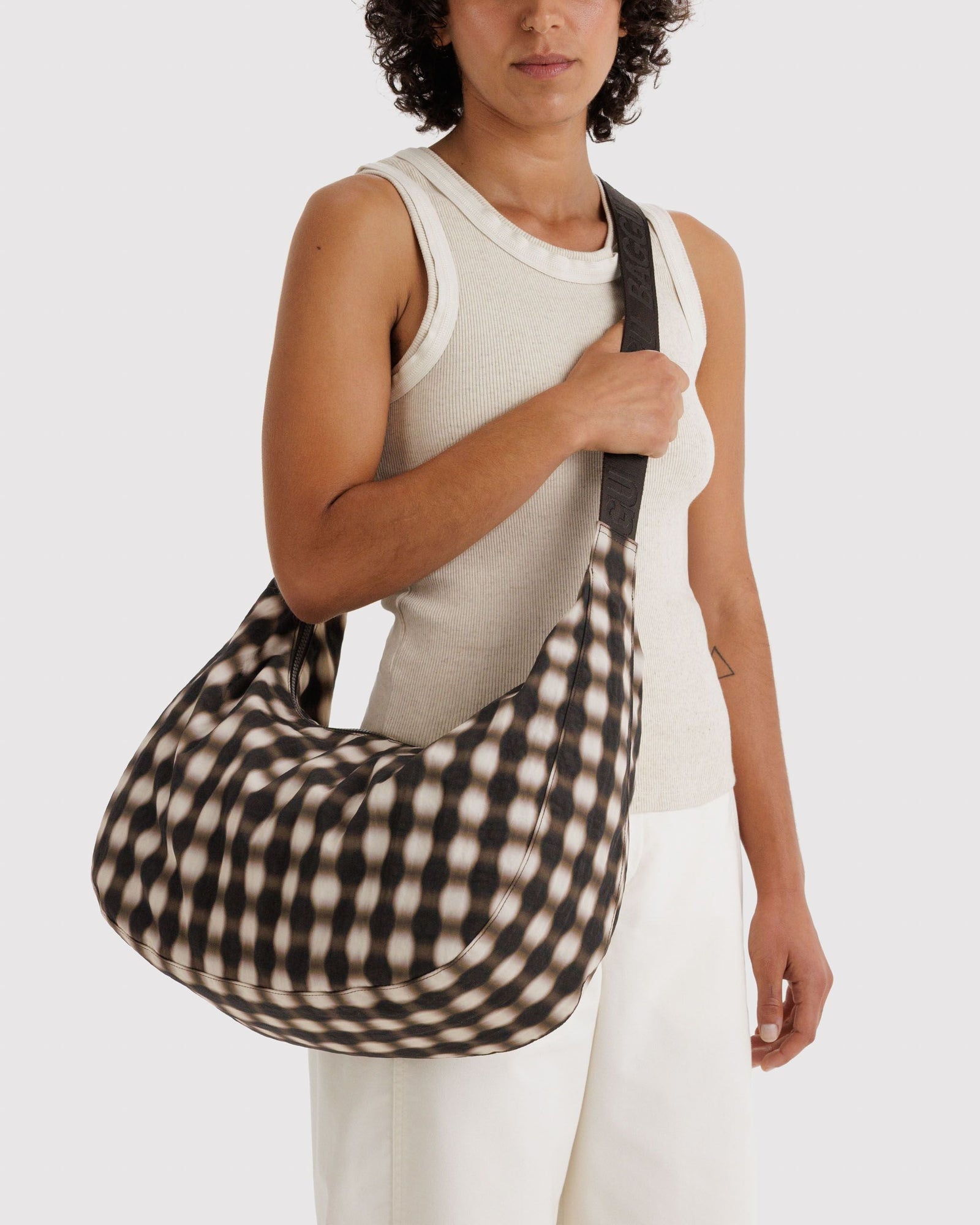 Large Nylon Crescent Bag - Blurred Gingham Brown - Easy Spritz