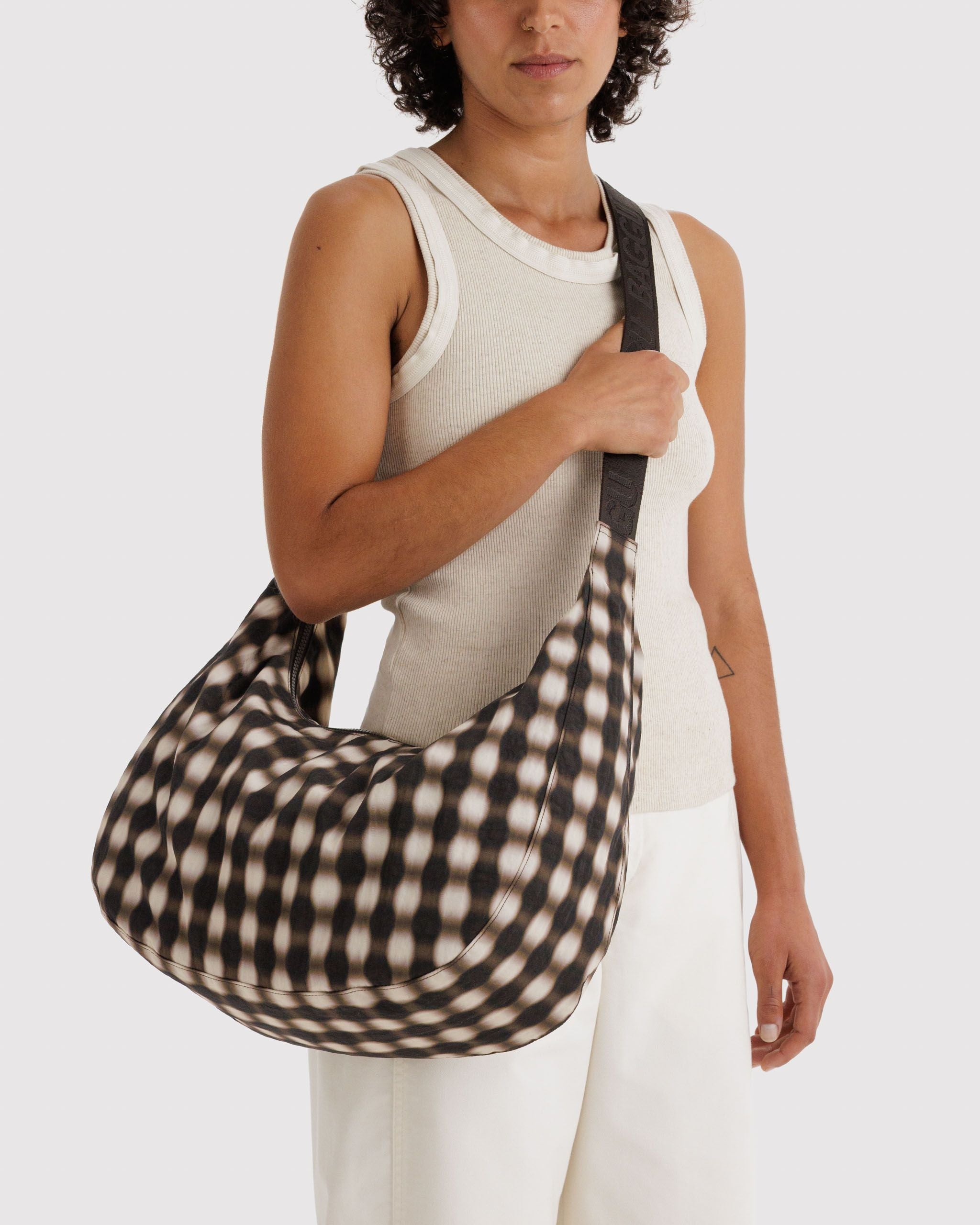 Large Nylon Crescent Bag - Blurred Gingham Brown - Easy Spritz