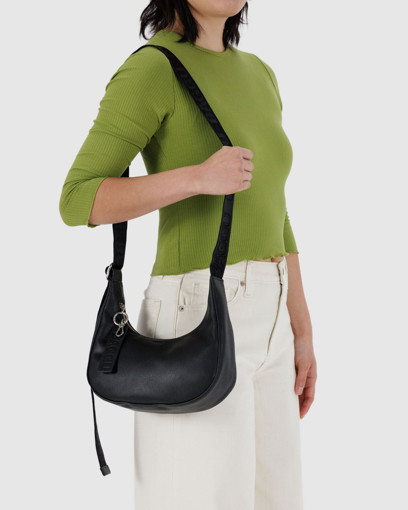 Small Recycled Leather Crescent Bag - Black - Cozy Glow