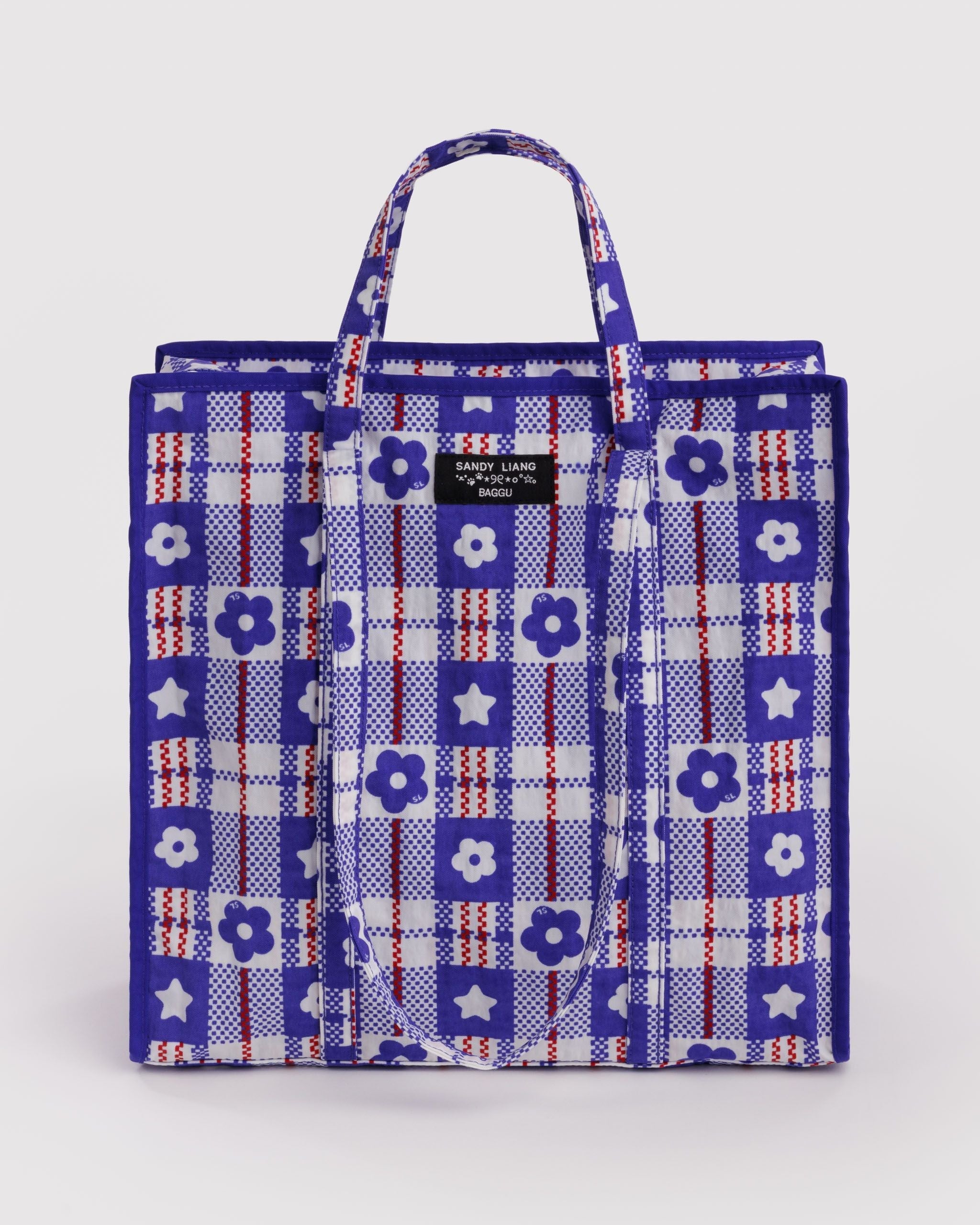 Large Nylon Market Bag - Market Plaid Blue - Quick Grab