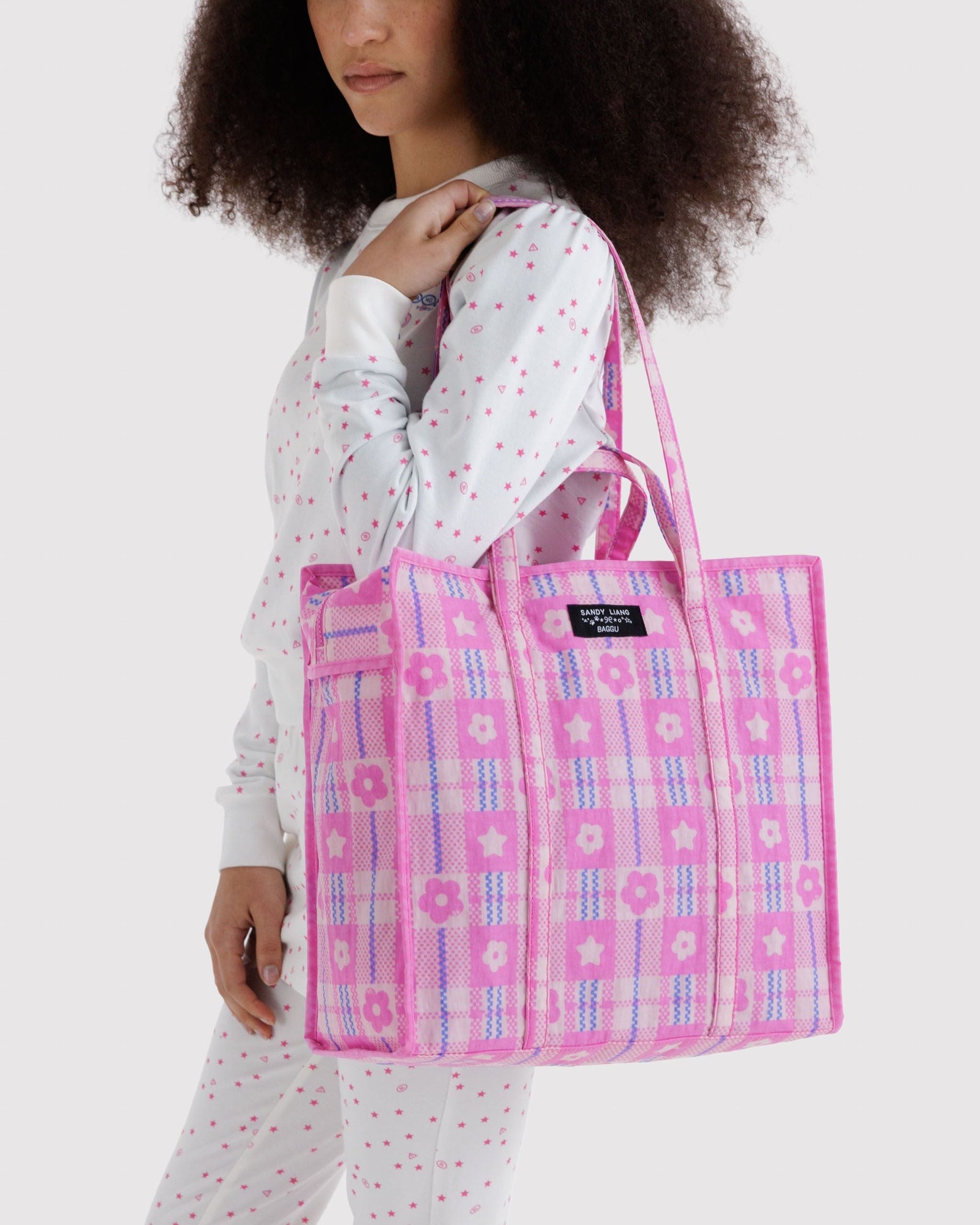 Large Nylon Market Bag - Market Plaid Pink - Travel Ready