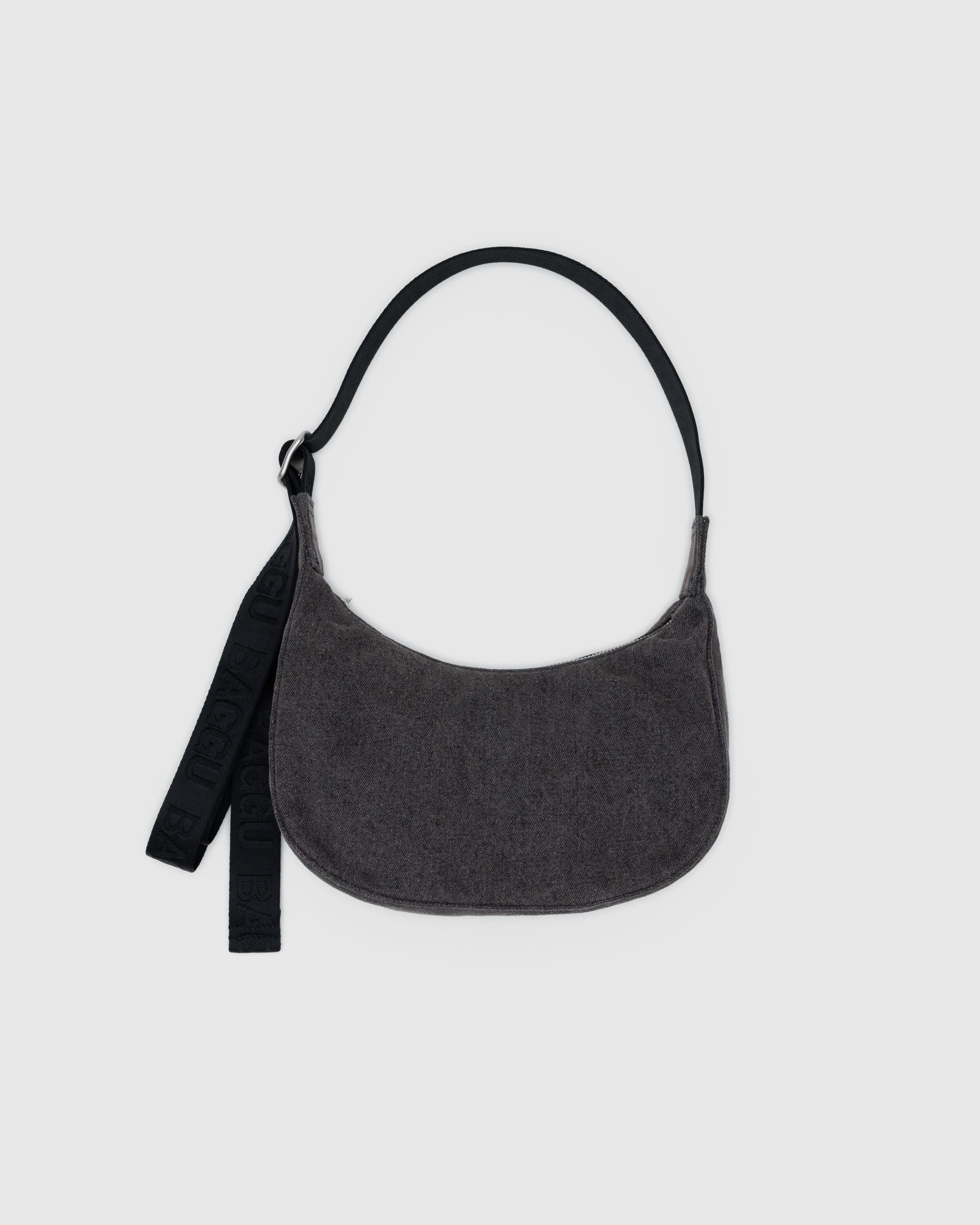 Small Denim Crescent Bag - Washed Black Denim - Cozy Glow