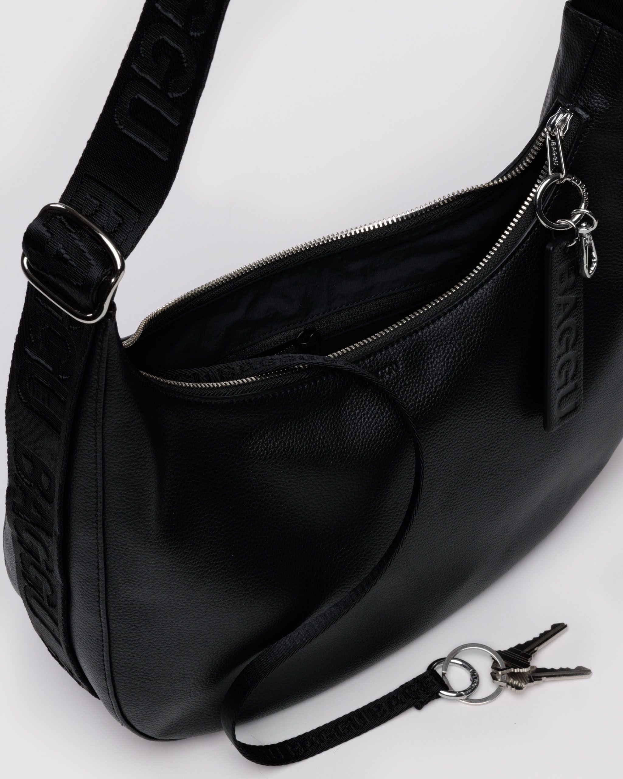 Medium Recycled Leather Crescent Bag - Black - Soft Glow