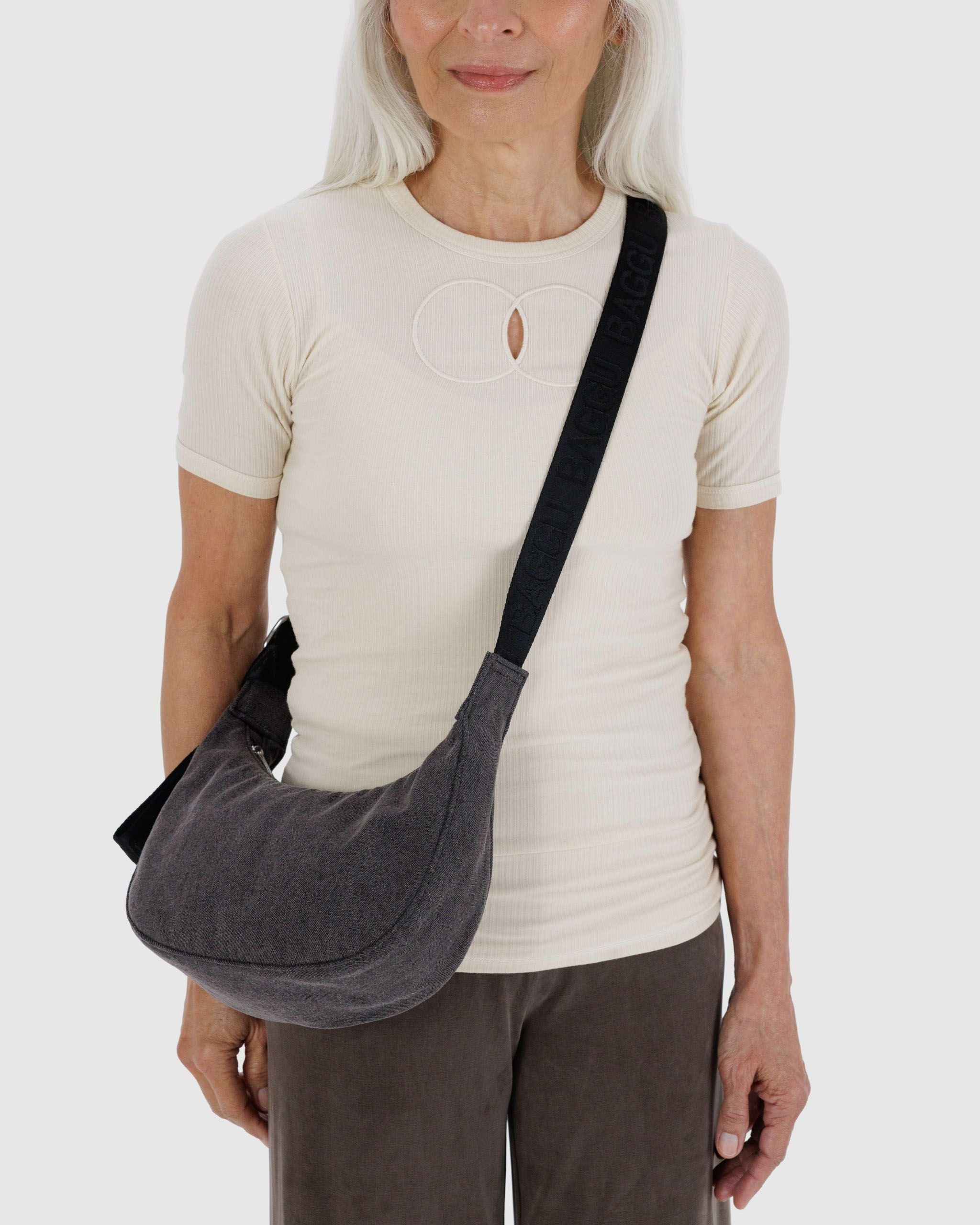 Small Denim Crescent Bag - Washed Black Denim - Cozy Glow