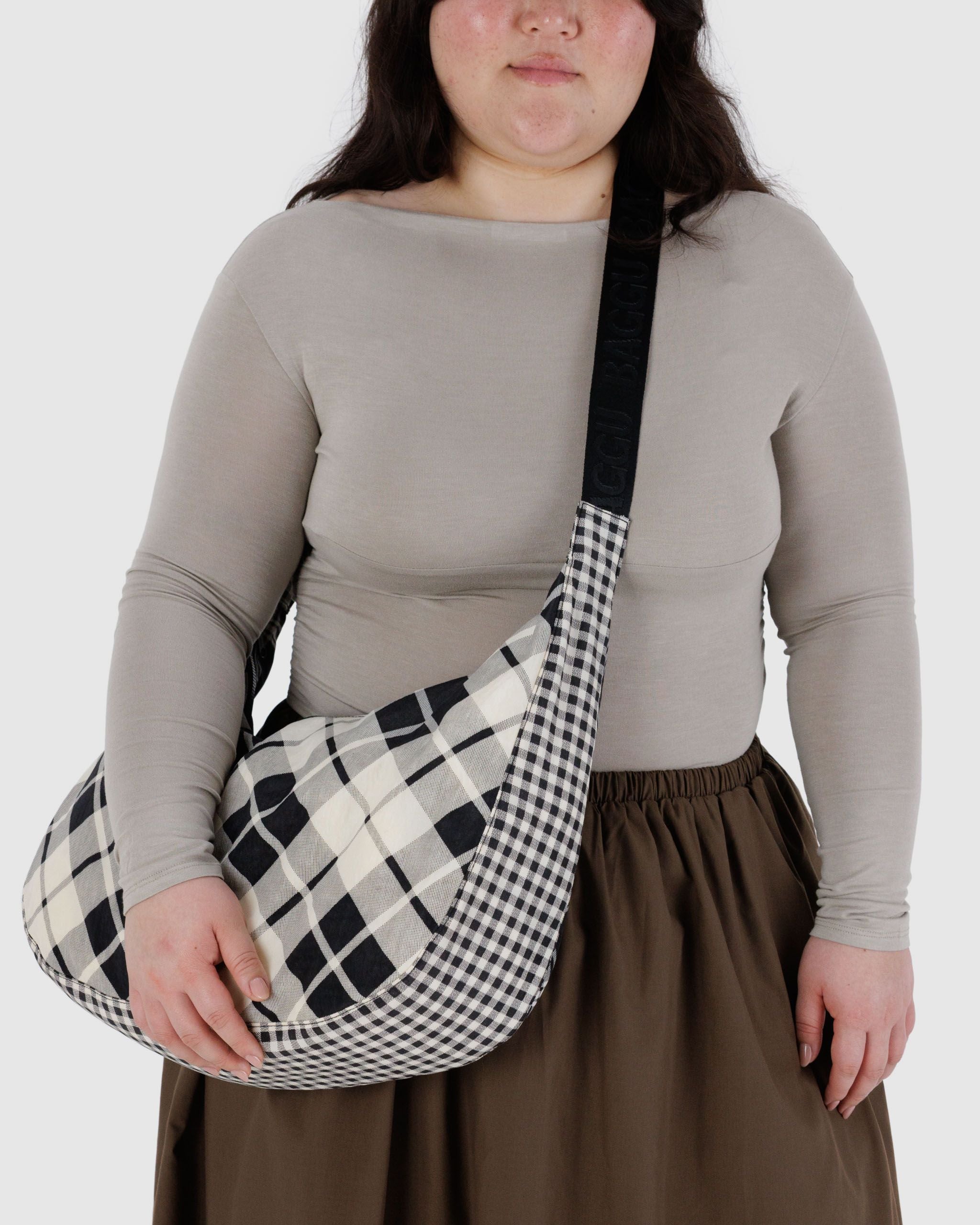 Large Nylon Crescent Bag - Mixed Plaid - Modern Blend