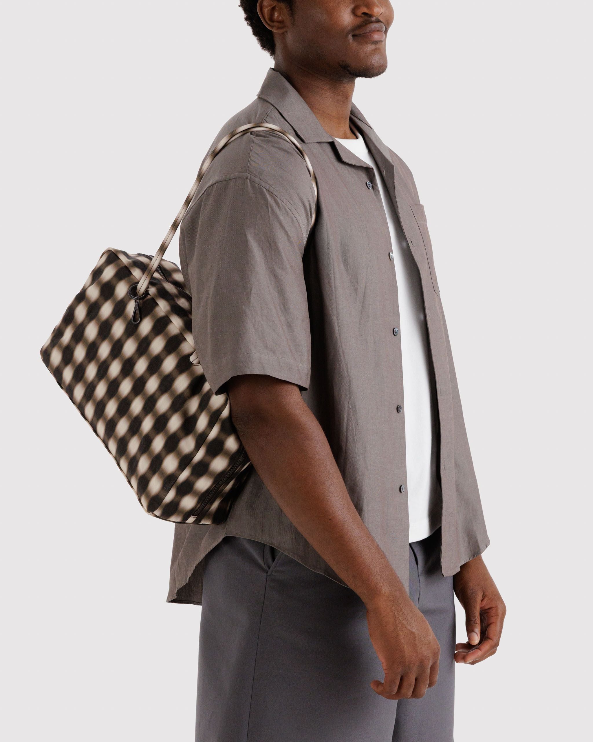 Medium Nylon Bowler Bag - Blurred Gingham Brown - Simple Hold