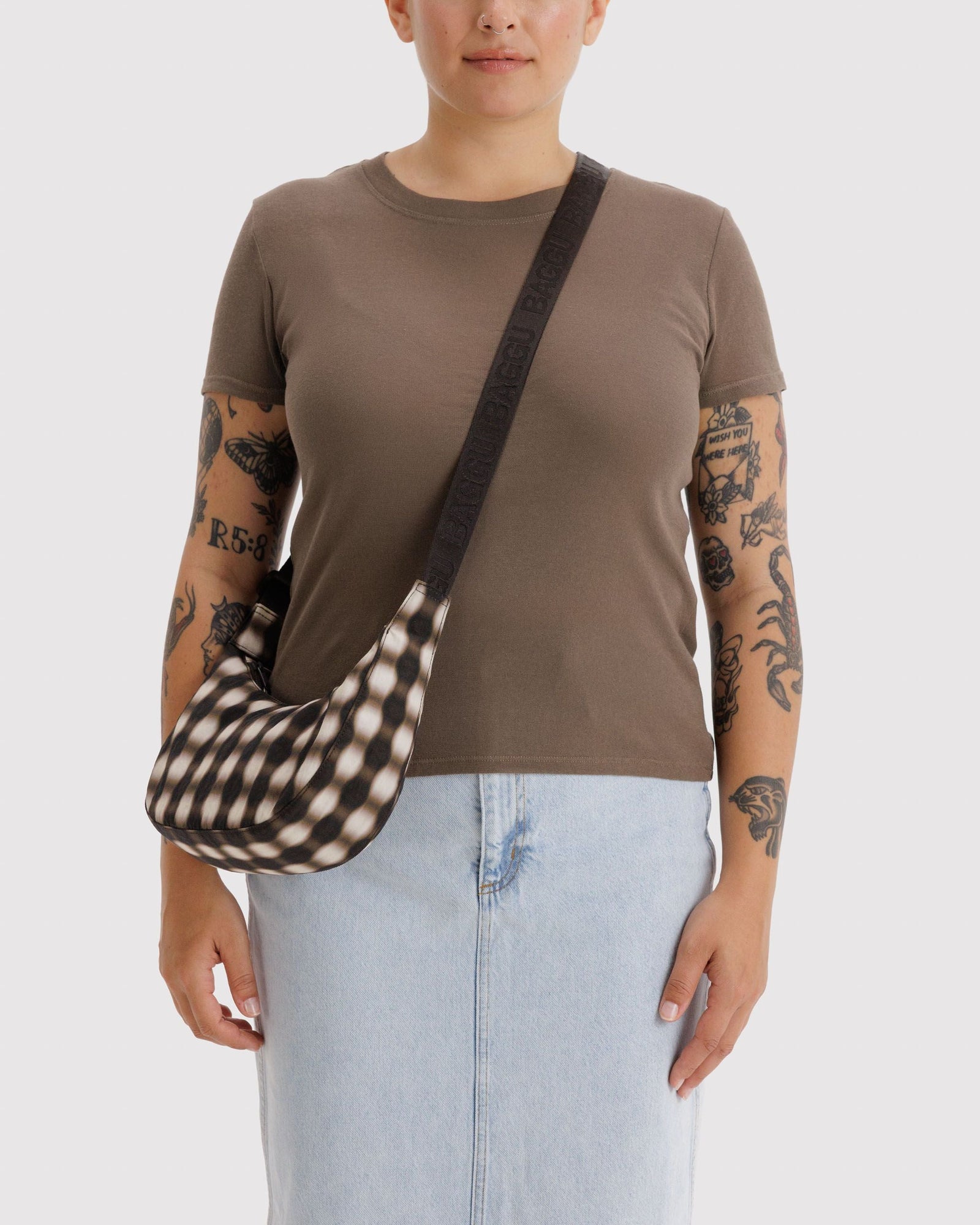 Small Nylon Crescent Bag - Blurred Gingham Brown - Fresh Notes