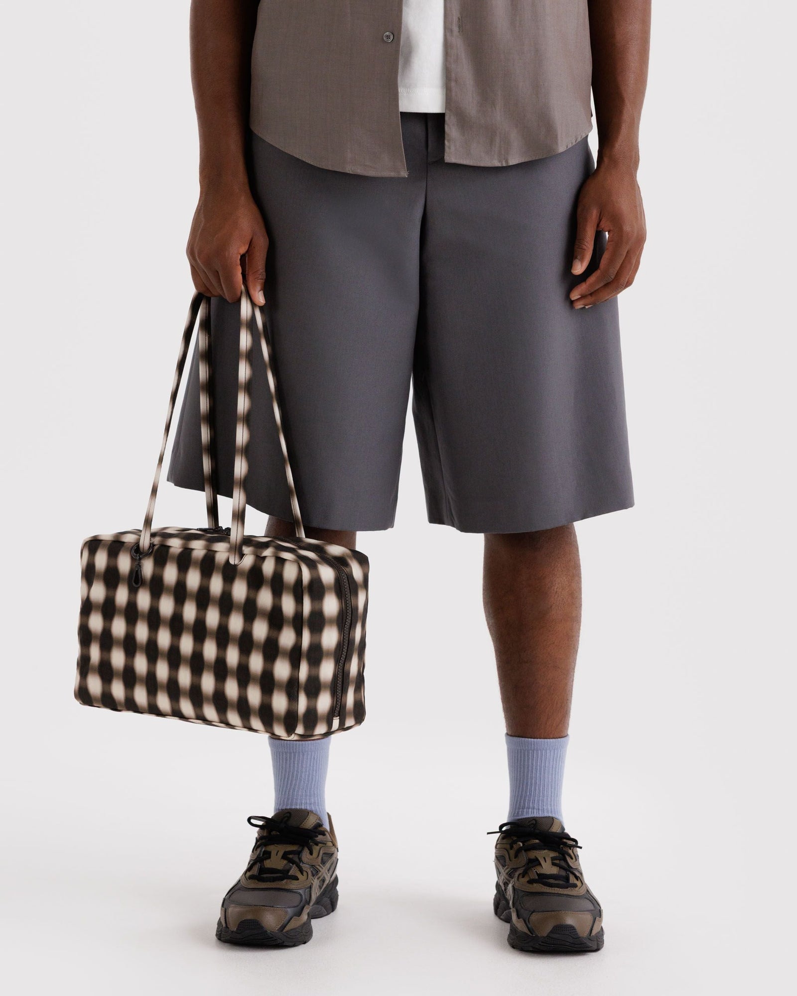 Medium Nylon Bowler Bag - Blurred Gingham Brown - Simple Hold