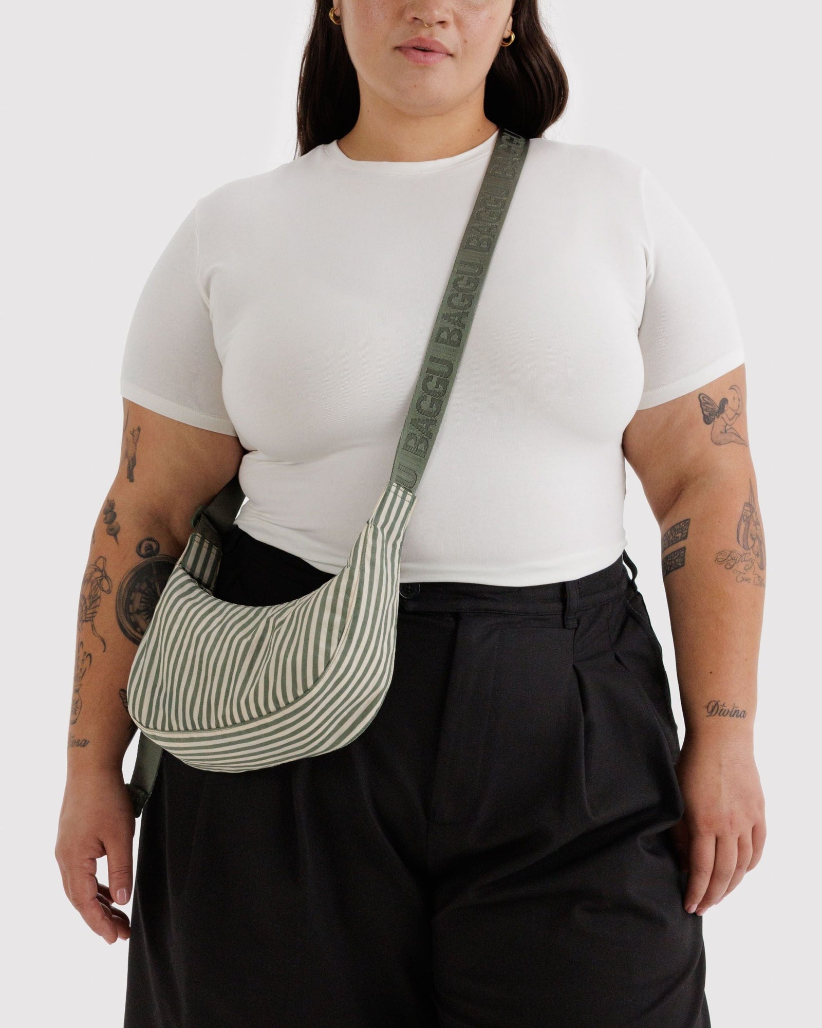 Small Nylon Crescent Bag - Sage Stripe - Soft Glow