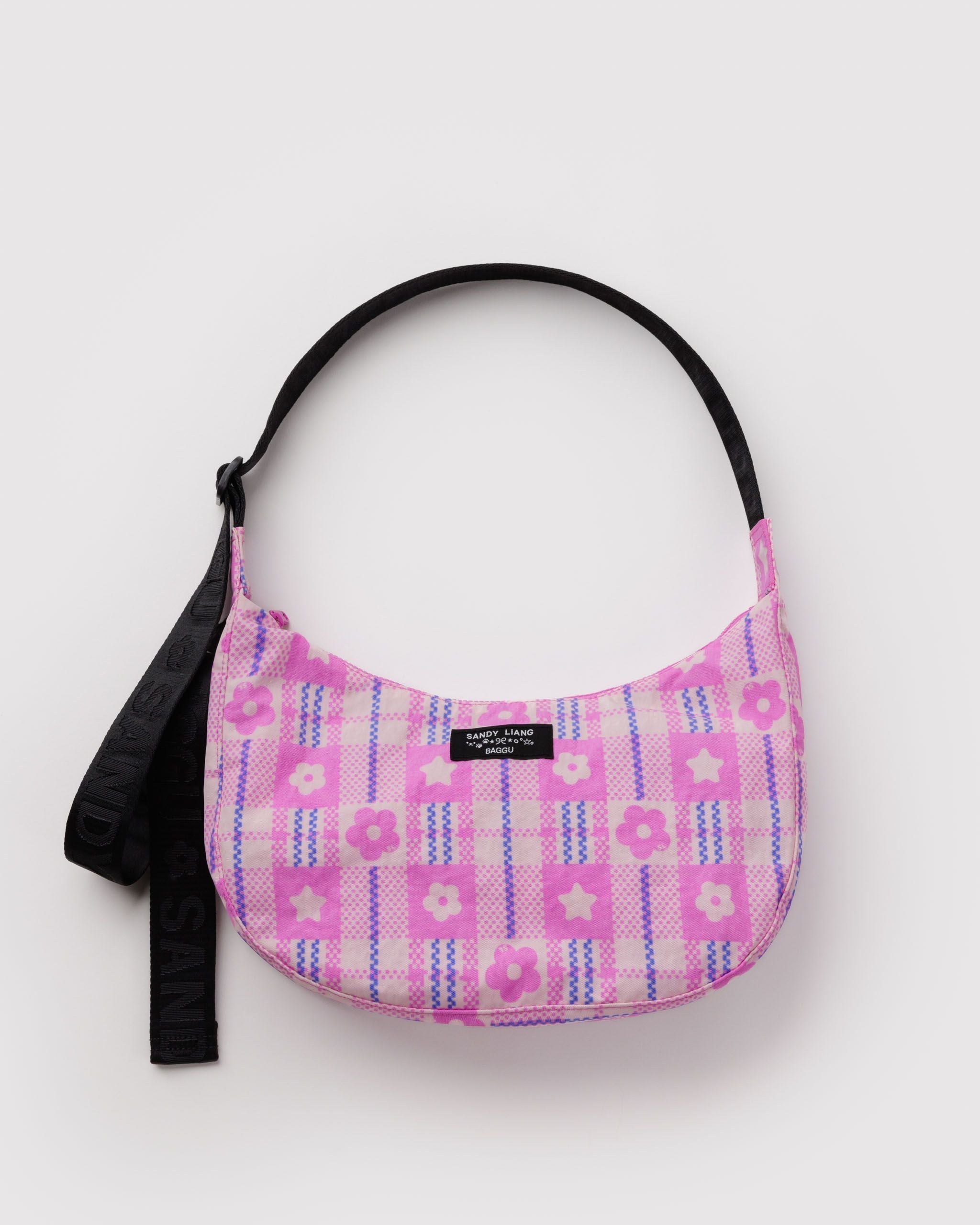 Medium Nylon Crescent Bag - Market Plaid Pink - Warm Blend
