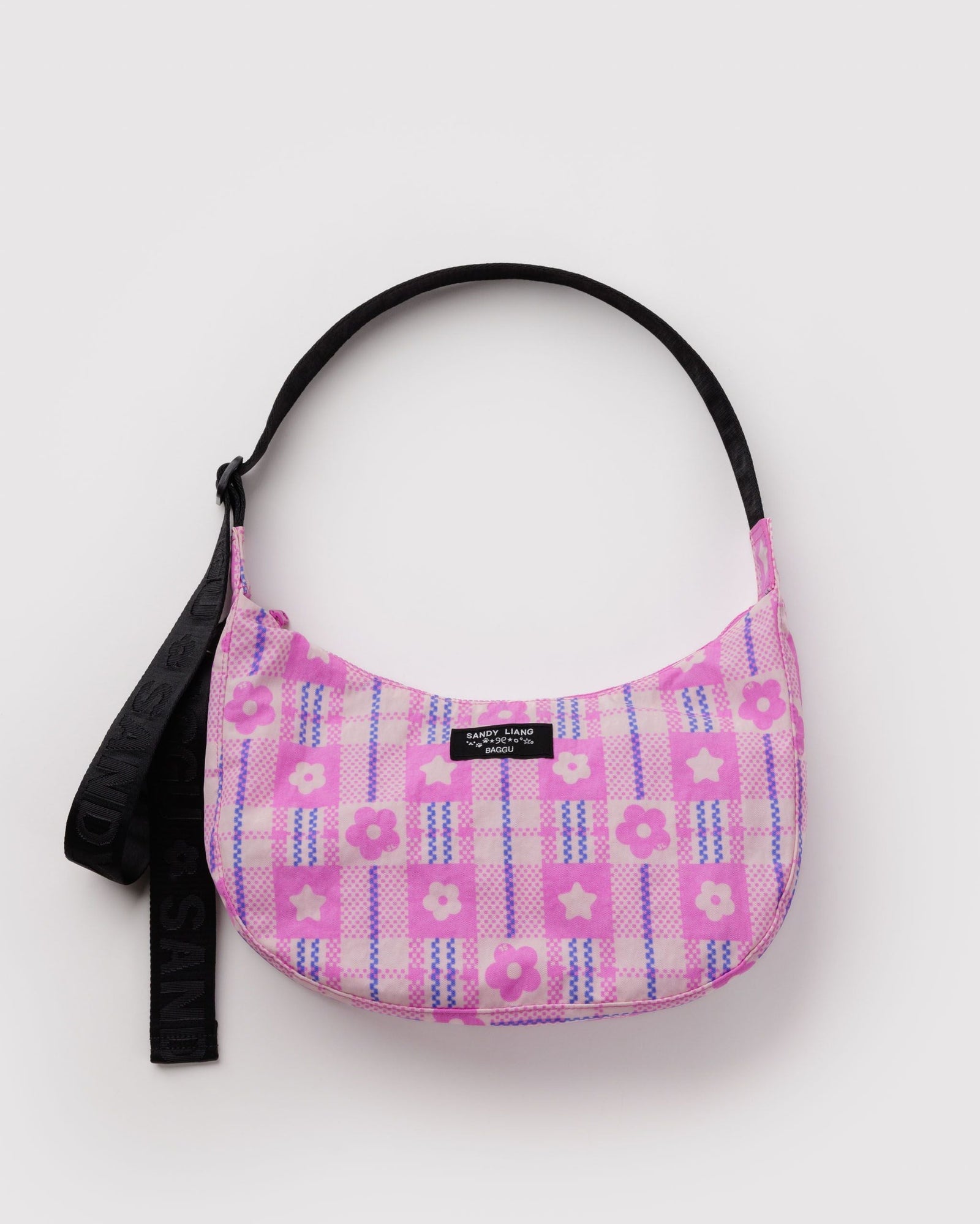 Medium Nylon Crescent Bag - Market Plaid Pink - Fresh Notes