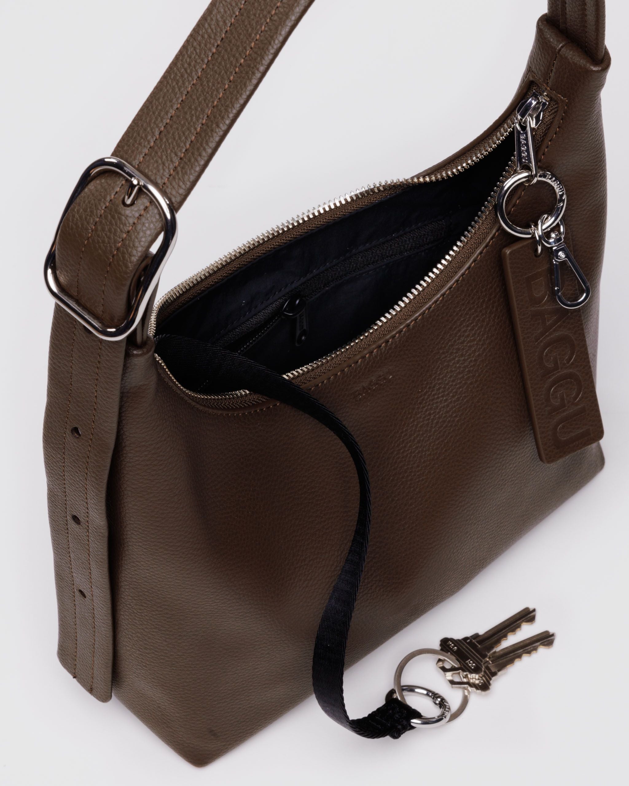 Mini Recycled Leather Shoulder Bag - Brown - Quick Grab
