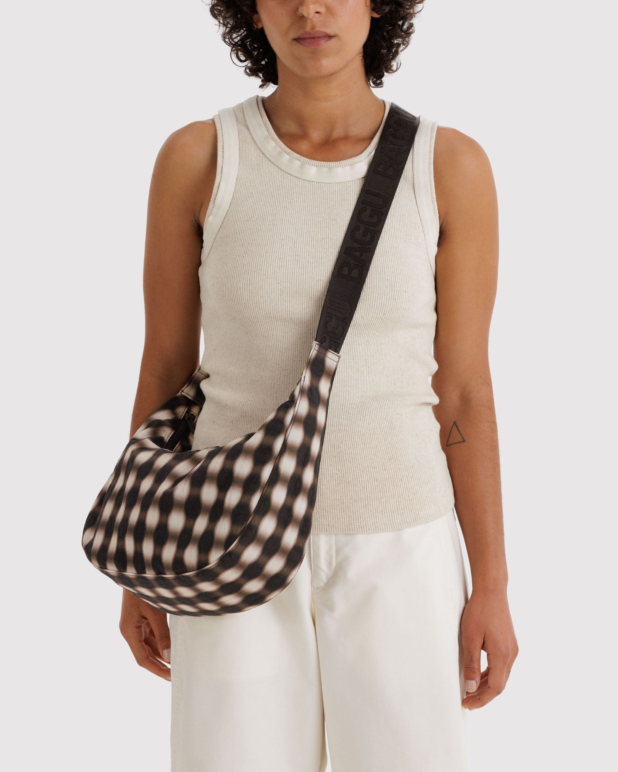 Medium Nylon Crescent Bag - Blurred Gingham Brown - Soft Glow