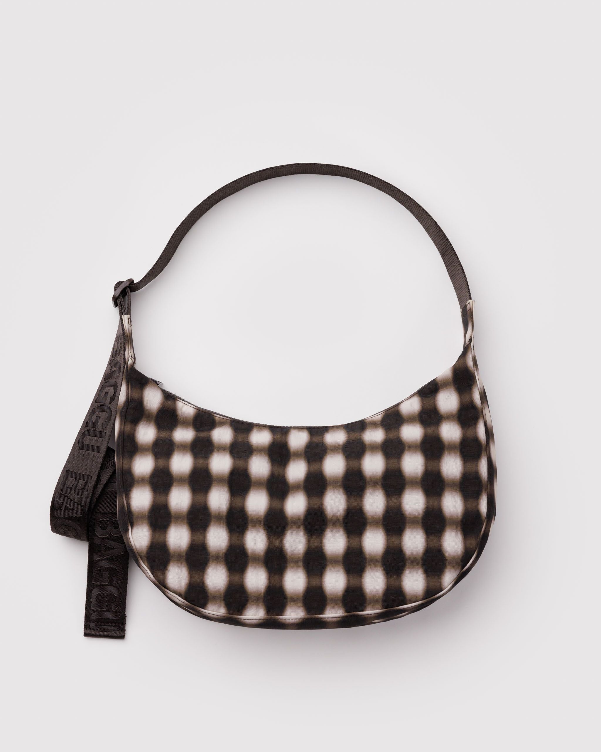 Medium Nylon Crescent Bag - Blurred Gingham Brown - Cozy Glow